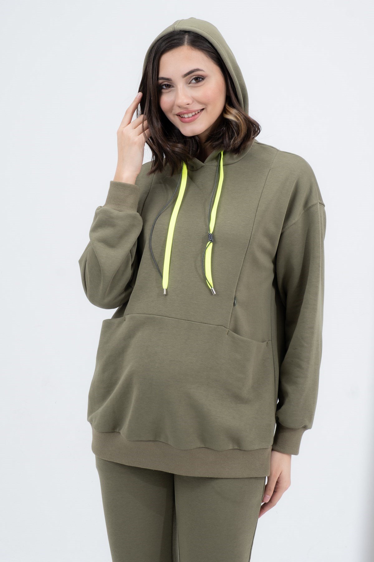 Busa Hamile Emzirme Detaylı Esnek Karın Bantlı Üç İplik Eşofman Takımı Haki