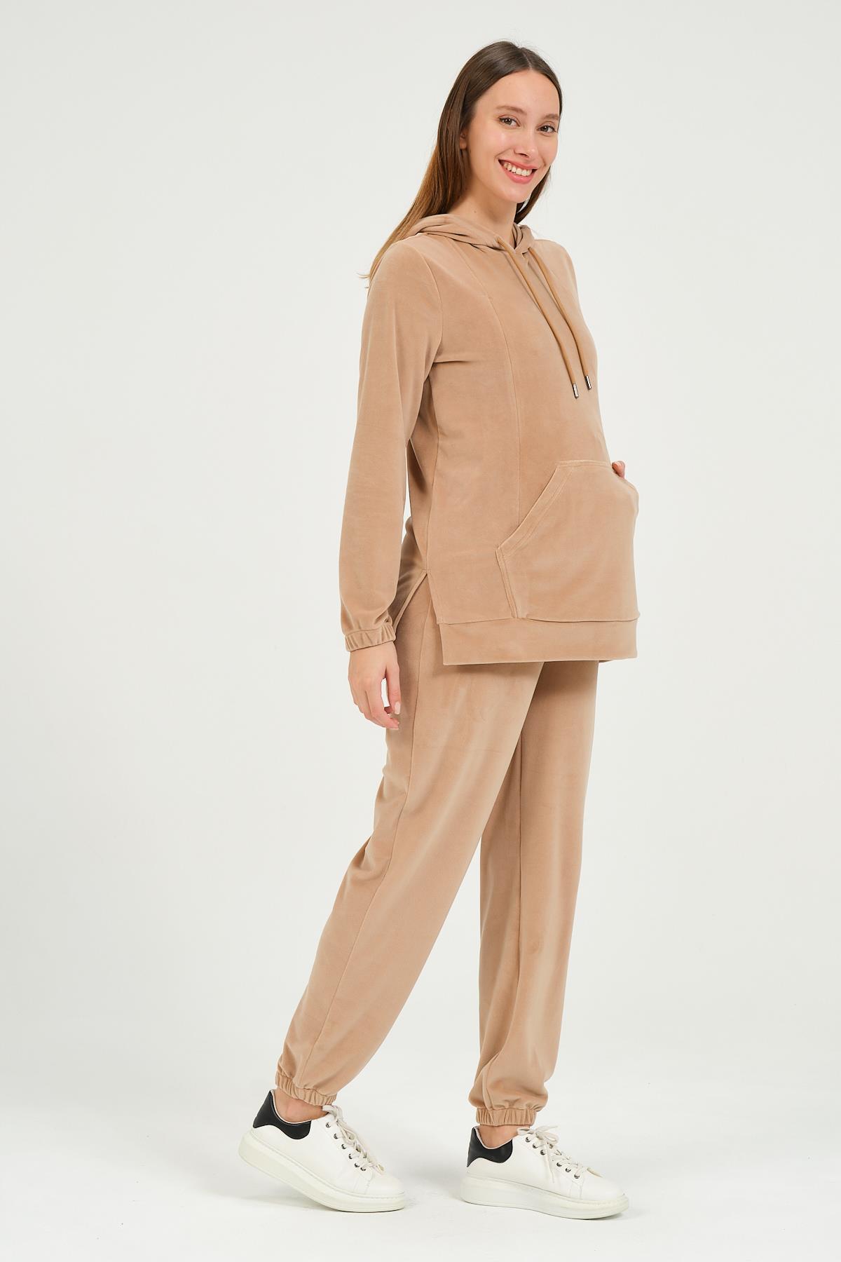 Busa Hamile Emzirme Detaylı Kapüşonlu Kadife Takım Kahverengi