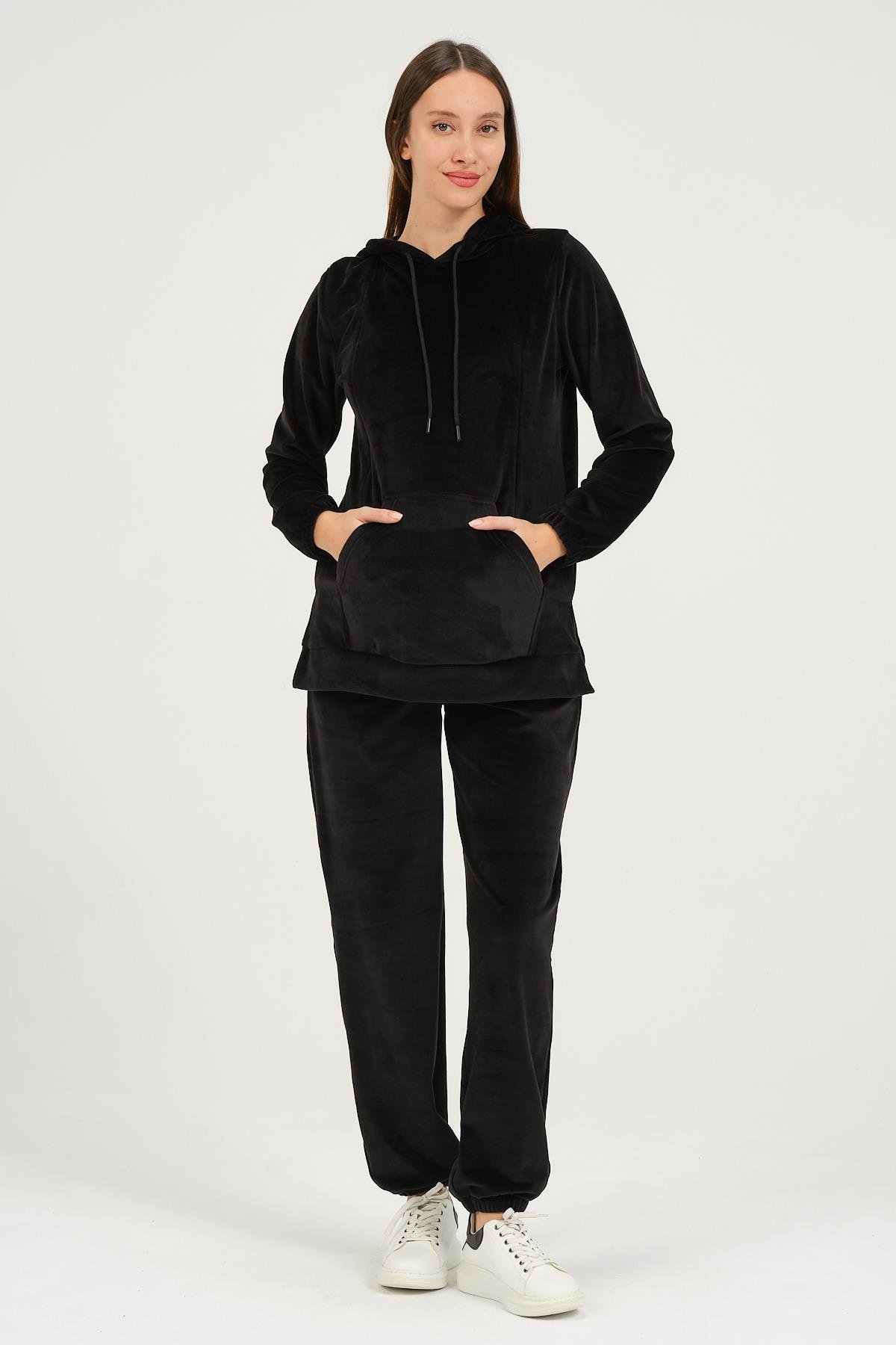 Busa Hamile Emzirme Detaylı Kapüşonlu Kadife Takım Siyah