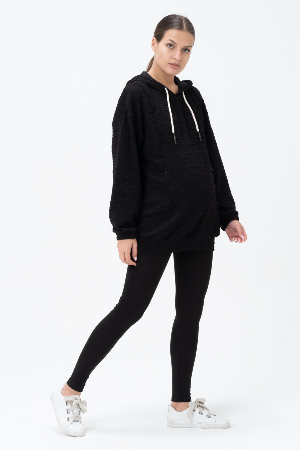 Busa Hamile Emzirme Detaylı Kapüşonlu Sweatshirt Siyah