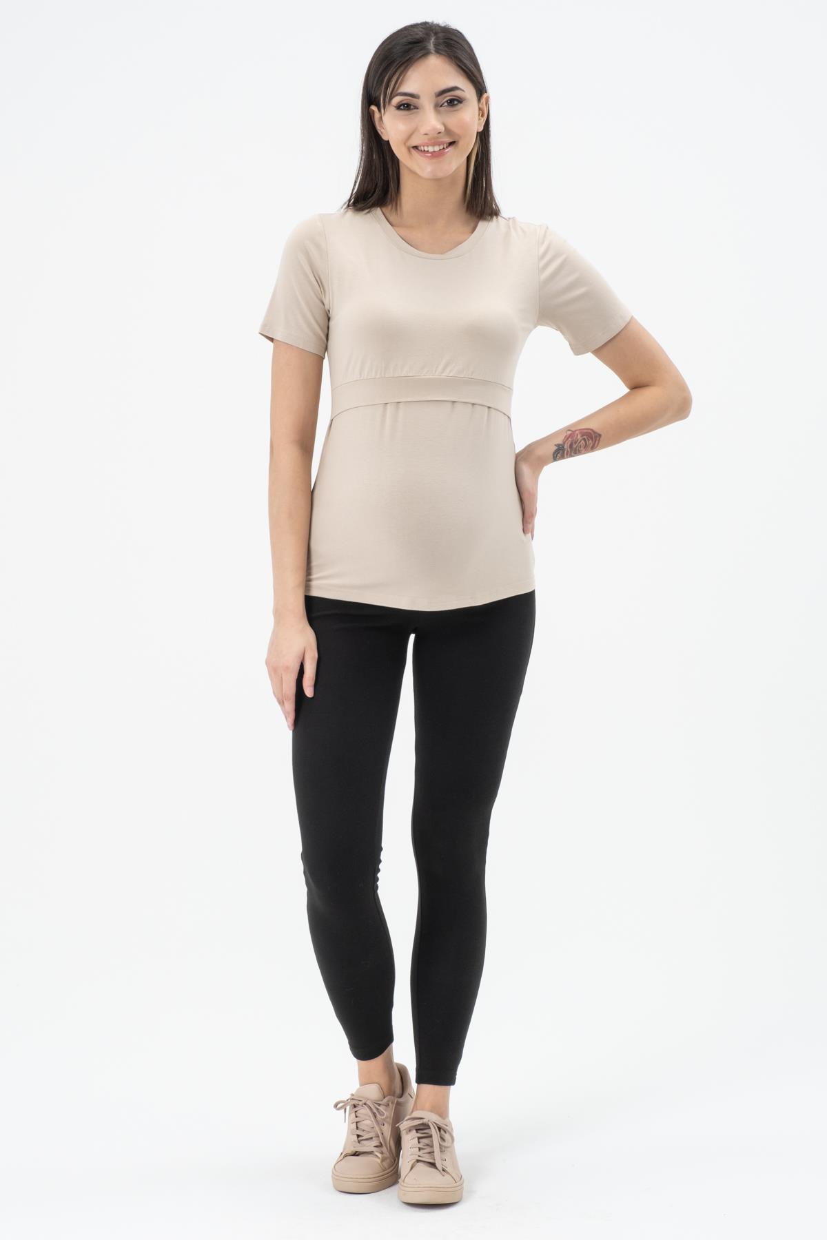 Busa Hamile Emzirme Detaylı Kısa Kollu T-Shirt Bej