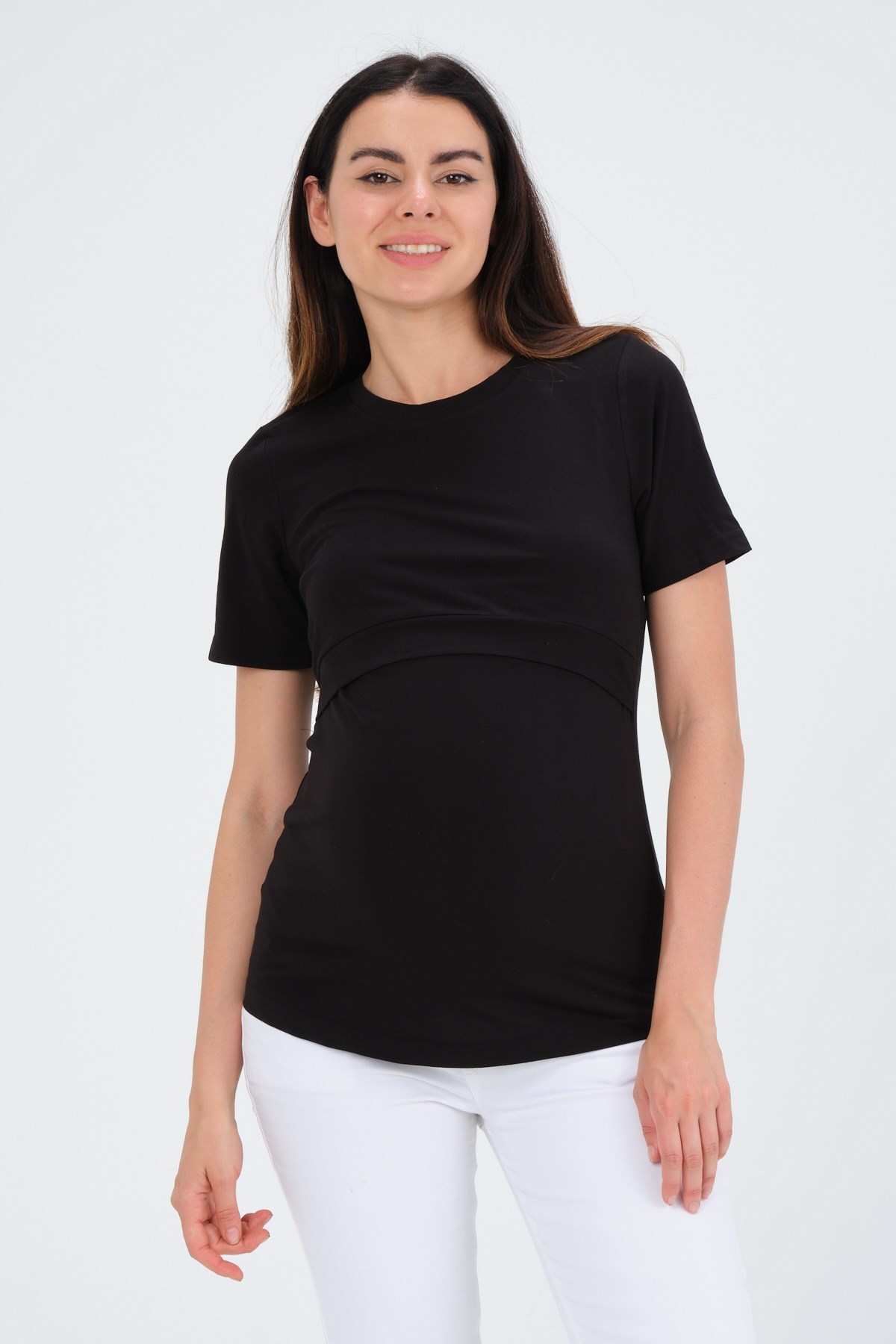 Busa Hamile Emzirme Detaylı Kısa Kollu T-Shirt Siyah