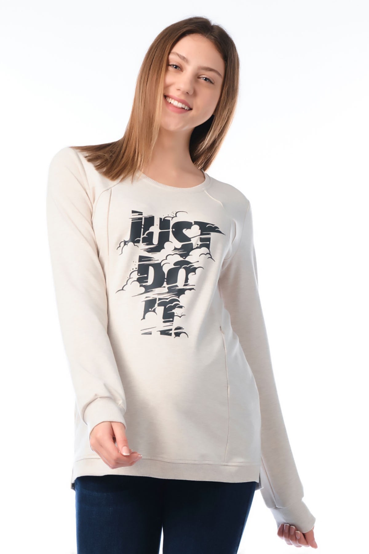 Busa Hamile Emzirme Detaylı Sweatshirt Bej