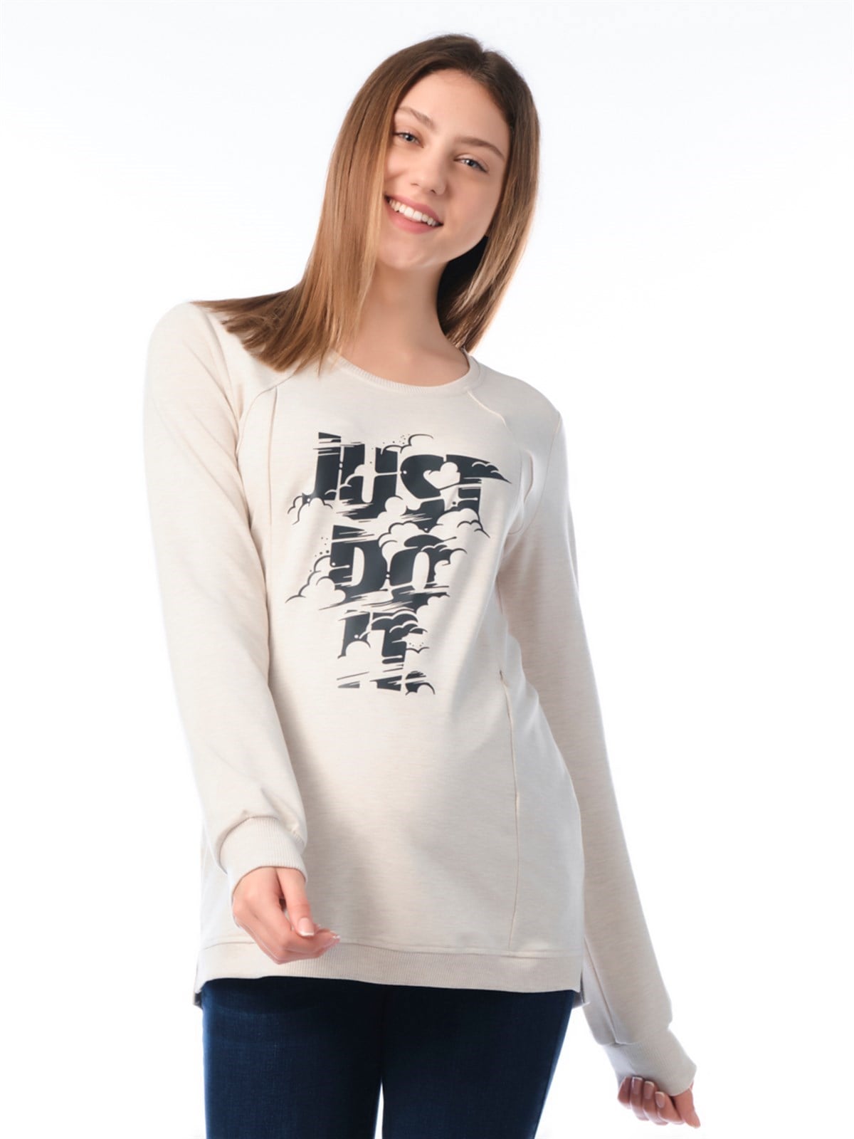 Busa Hamile Emzirme Detaylı Sweatshirt Ekru