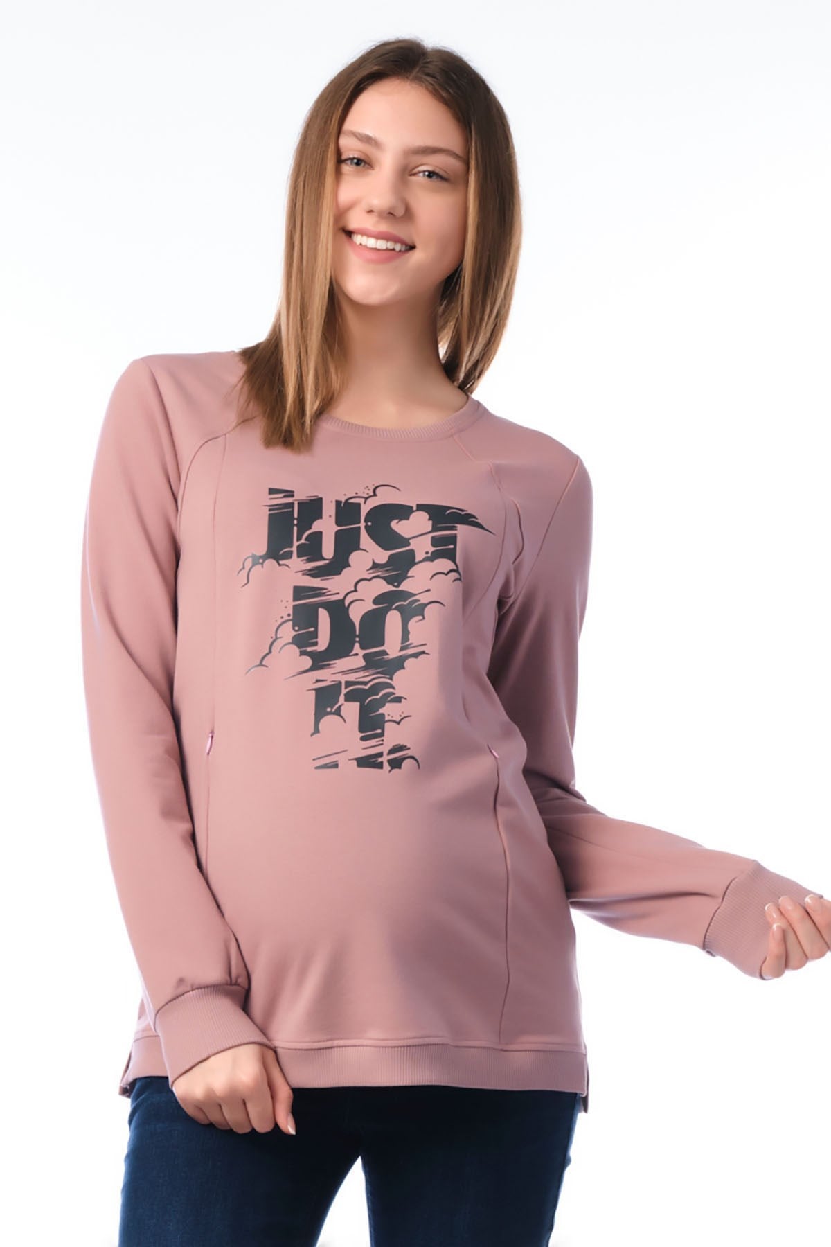Busa Hamile Emzirme Detaylı Sweatshirt Gül Kurusu