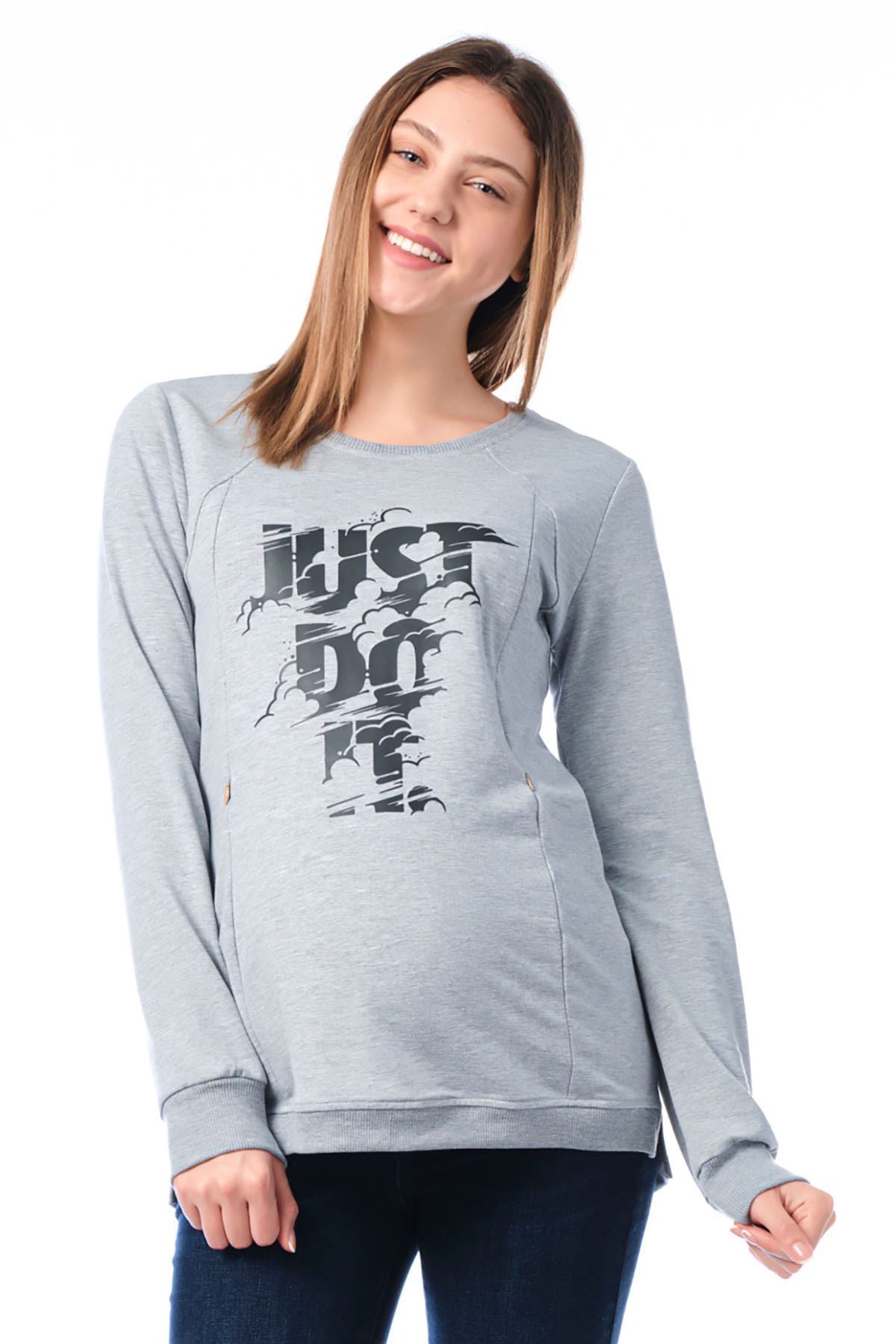 Busa Hamile Emzirme Detaylı Sweatshirt Gri