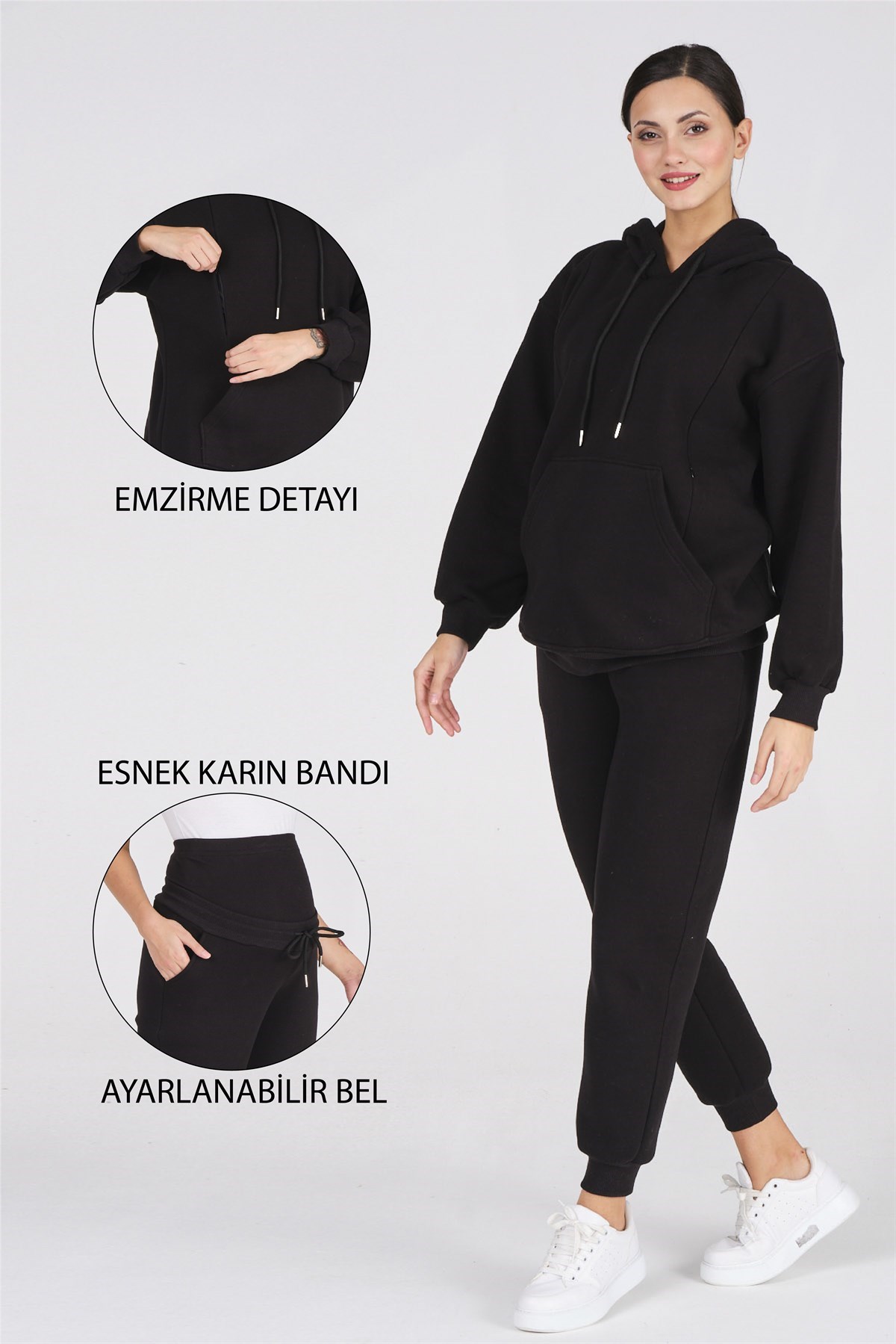 Busa Hamile Emzirme Detaylı Termal Eşofman Takımı Siyah