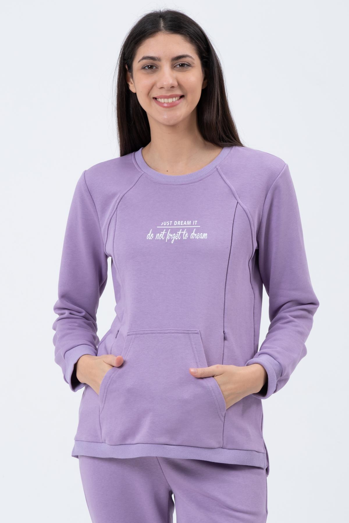 Busa Hamile Emzirme Detaylı Üç İplik Eşofman Takımı Lila