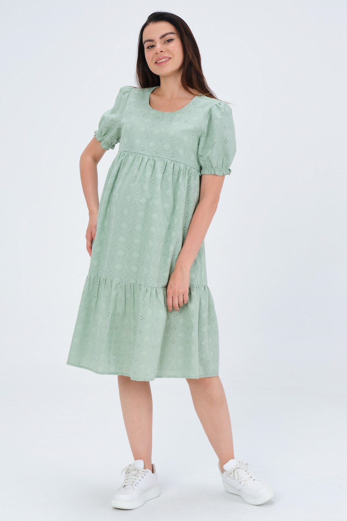 Busa Hamile Emzirme Detaylı Vual Brode Elbise Çağla