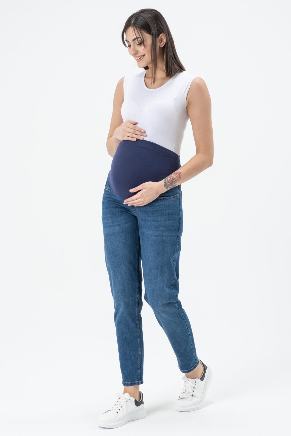 Busa Hamile Esnek Karın Bantlı Bel Ayarlı Mom Fit Kot Pantolon Açık Mavi