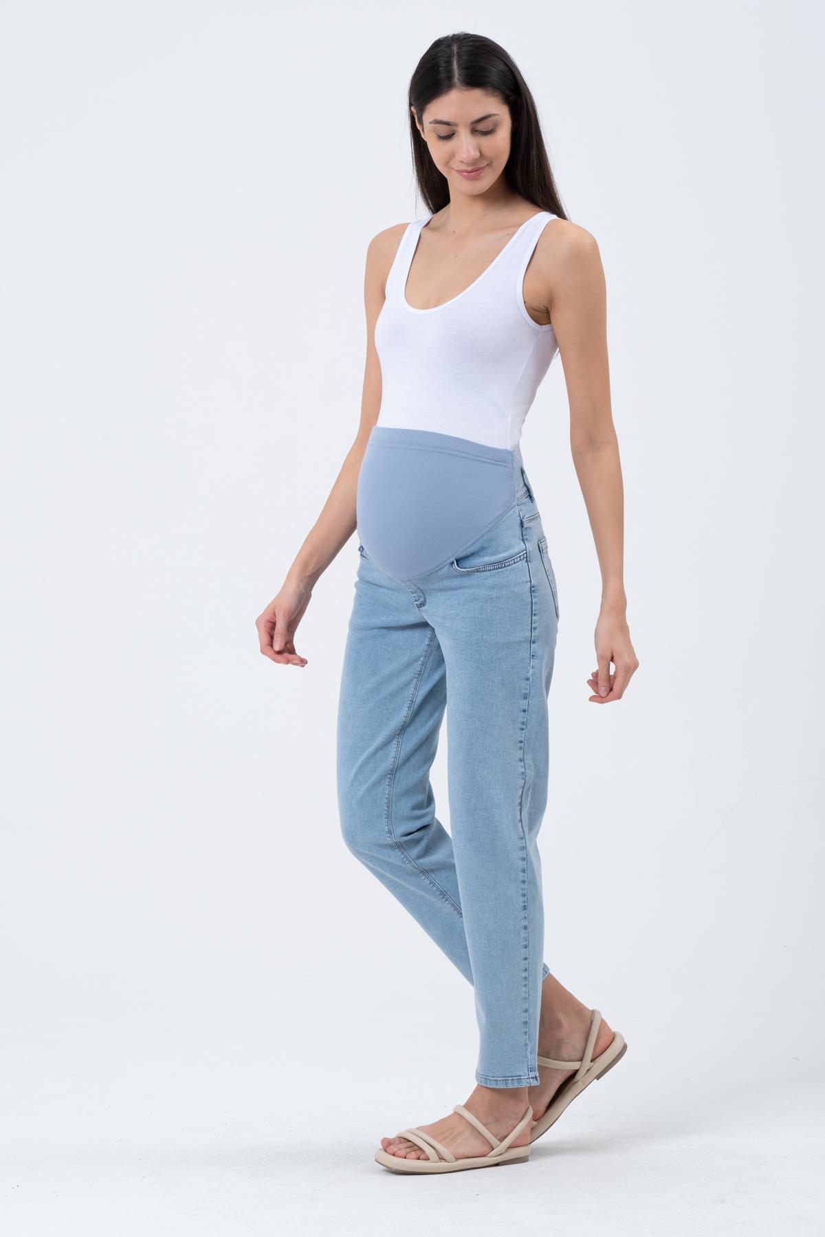 Busa Hamile Esnek Karın Bantlı Bel Ayarlı Mom Fit Kot Pantolon Mavi