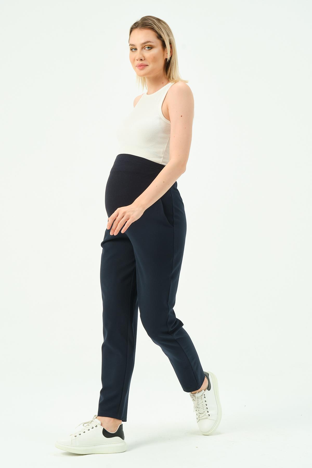 Busa Hamile Esnek Karın Bantlı Belden Ayarlı Mom Fit Klasik Gabardin Pantolon Lacivert
