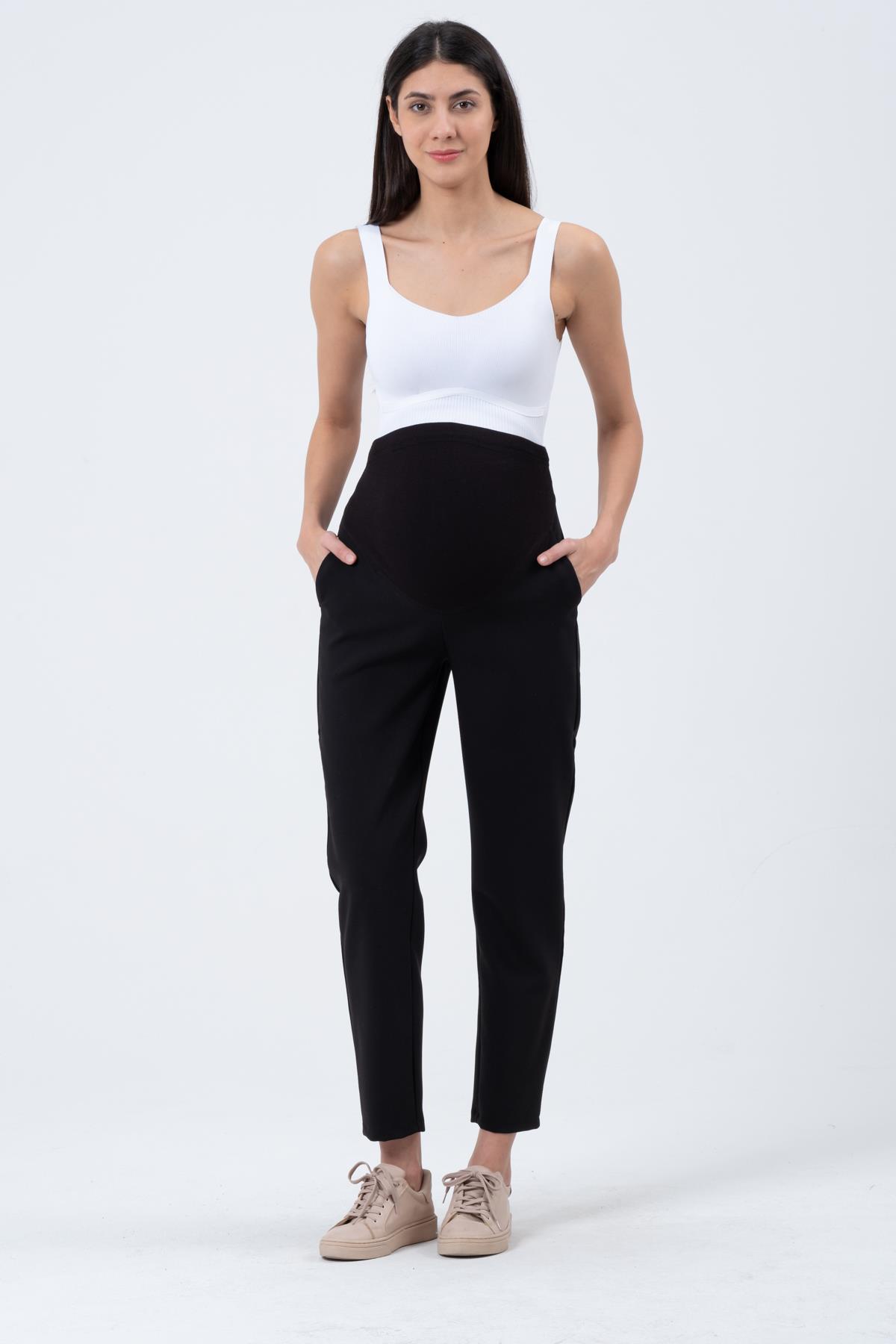 Busa Hamile Esnek Karın Bantlı Belden Ayarlı Mom Fit Klasik Gabardin Pantolon Siyah