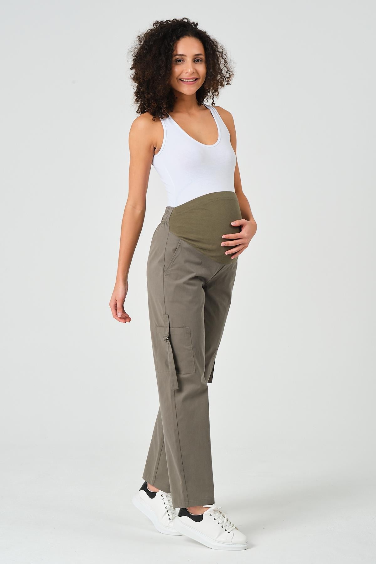 Busa Hamile Esnek Karın Bantlı Beli Ayarlı Yandan Cepli Pamuklu Mom Fit Gabardin Pantolon Haki