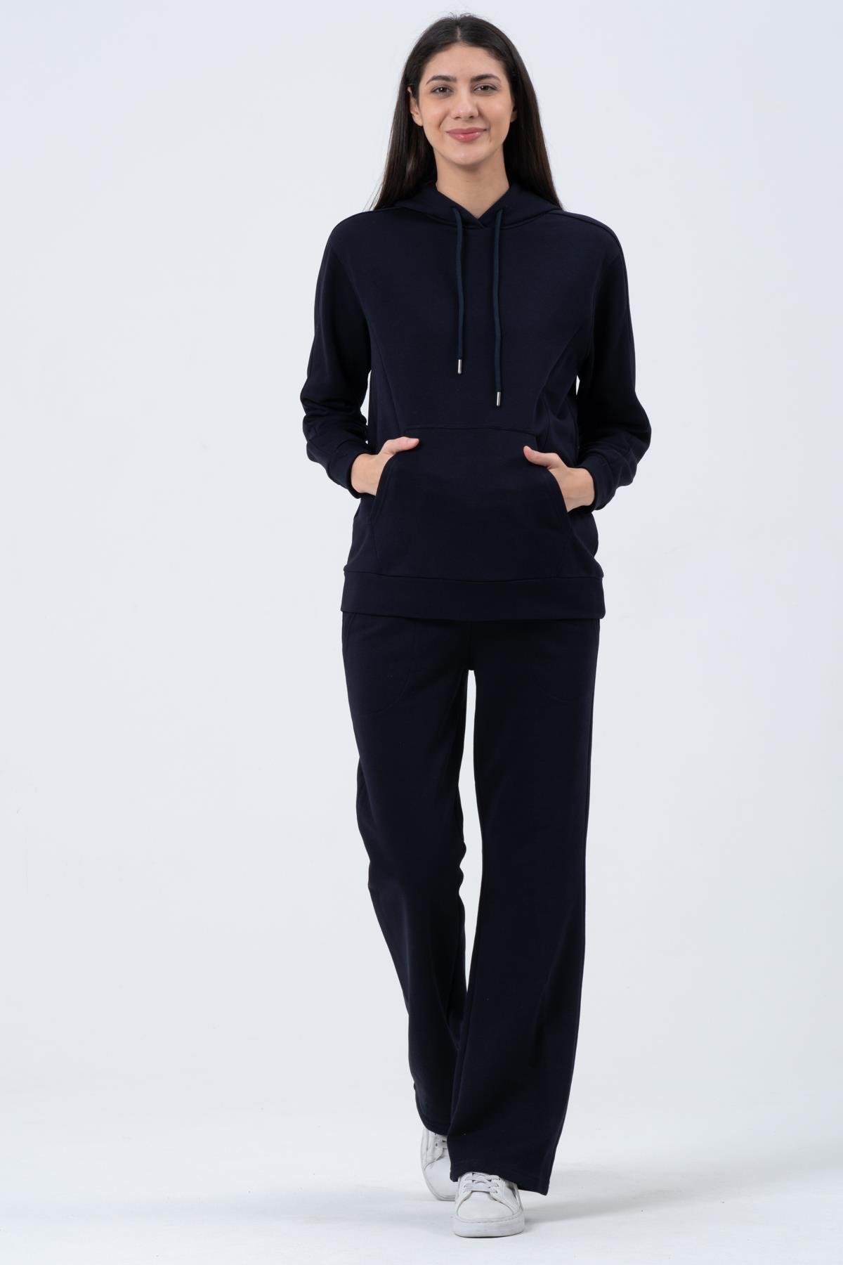 Busa Hamile Esnek Karın Bantlı Beli Ayarlı Bol Paça Emzirme Detaylı Üç İplik Eşofman Takım Koyu Lacivert