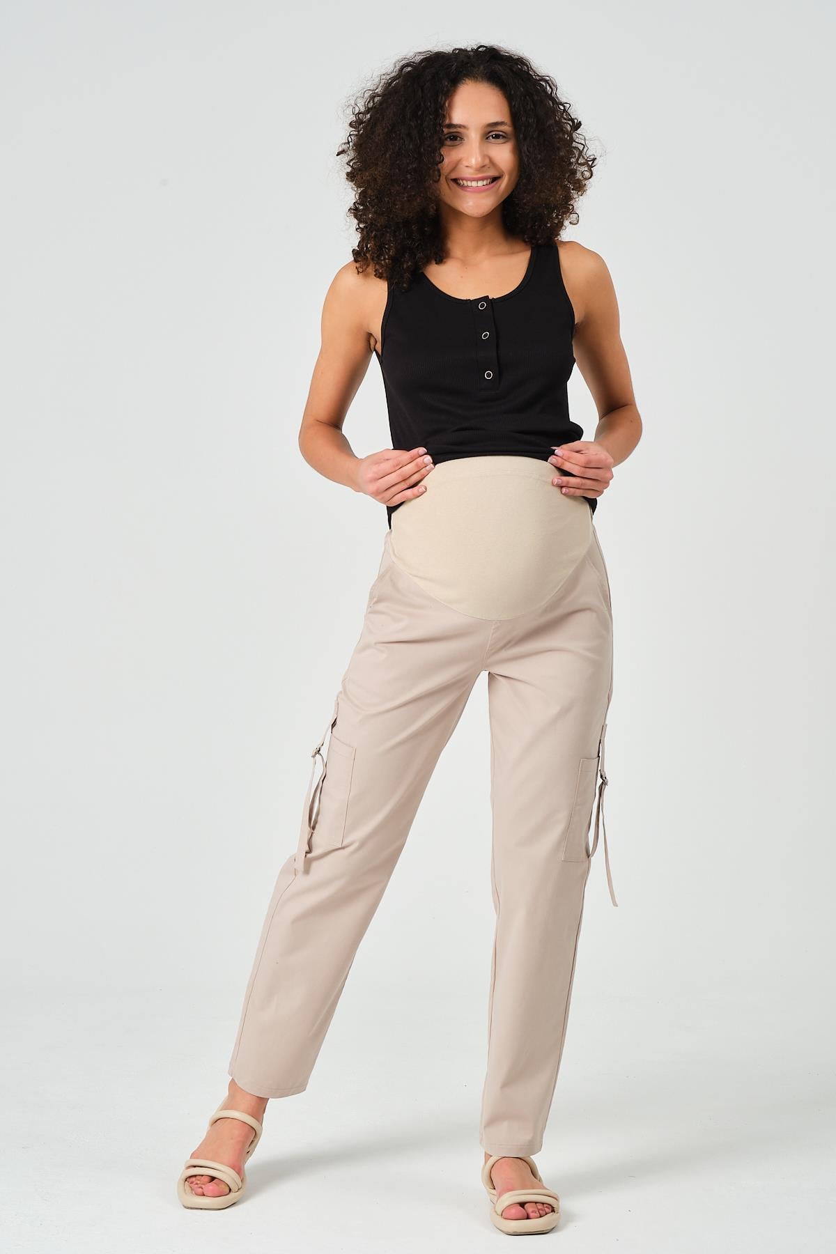 Busa Hamile Esnek Karın Bantlı Beli Ayarlı Yandan Cepli Pamuklu Mom Fit Gabardin Pantolon Vizon