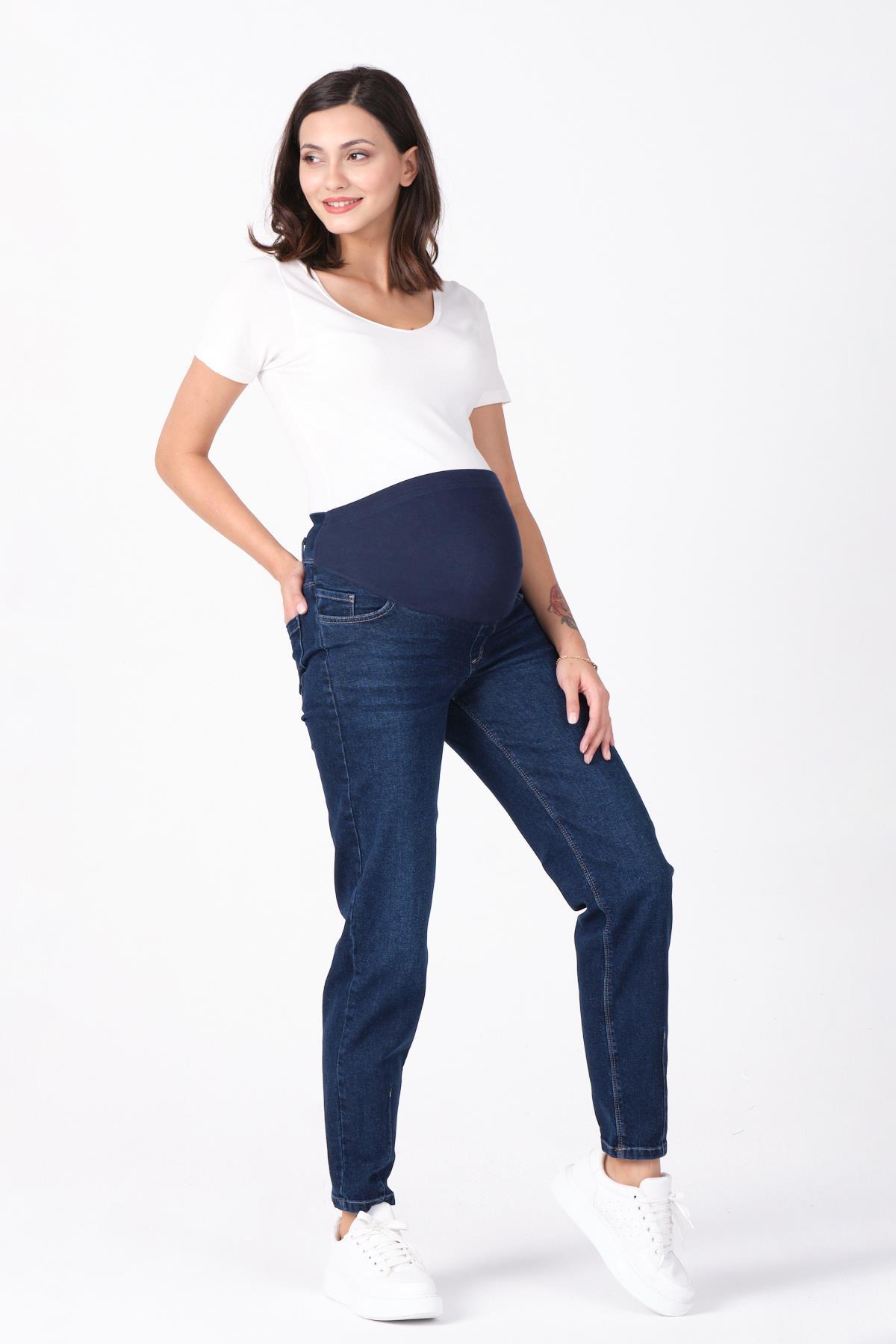 Busa Hamile Esnek Karın Bantlı Beli Ayarlı Mom Fit Kot Pantolon Koyu Lacivert