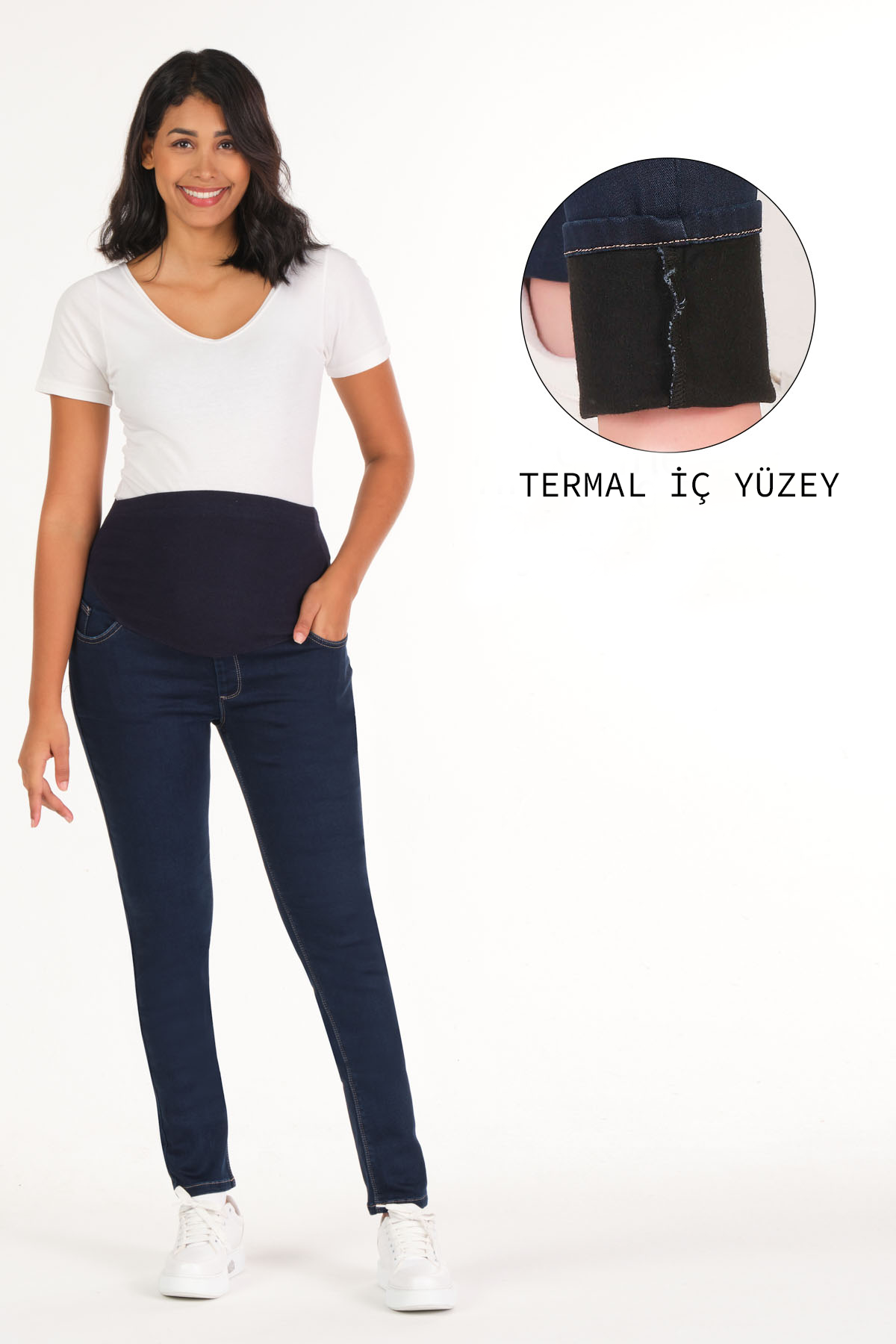Busa Hamile Esnek Karın Bantlı Dar Paça Termal Kot Pantalon Lacivert