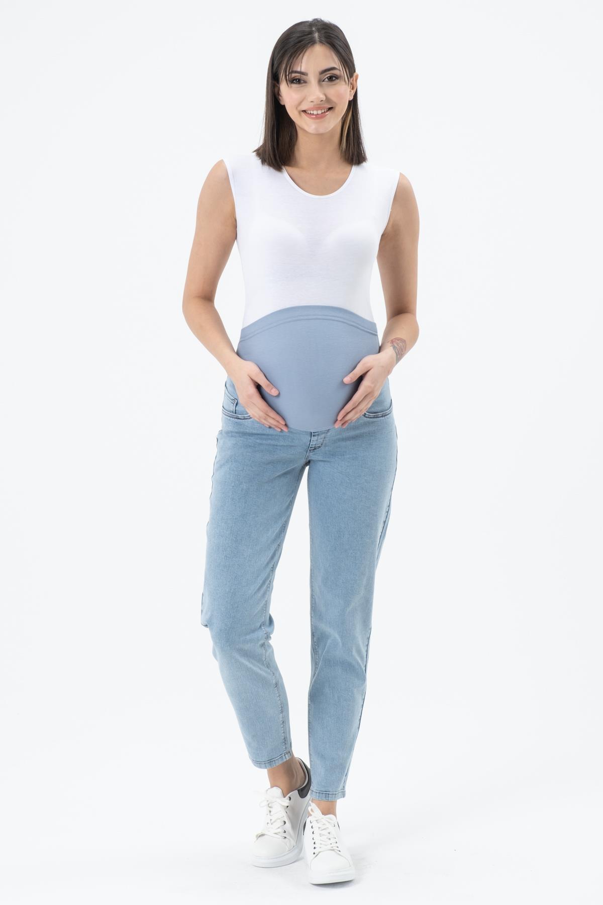 Busa Hamile Esnek Karın Bantlı Mom Fit Kot Pantolon Açık Mavi