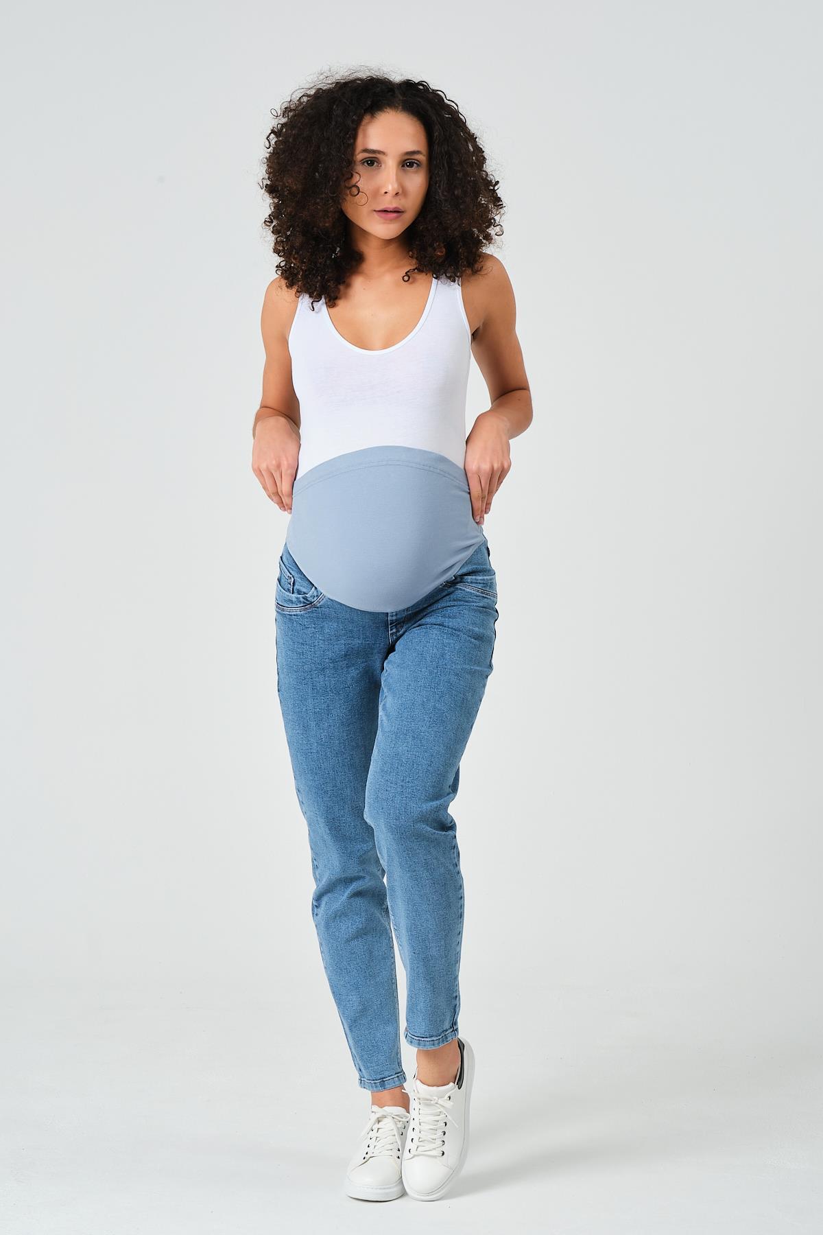 Busa Hamile Esnek Karın Bantlı Mom Fit Kot Pantolon Açık Mavi