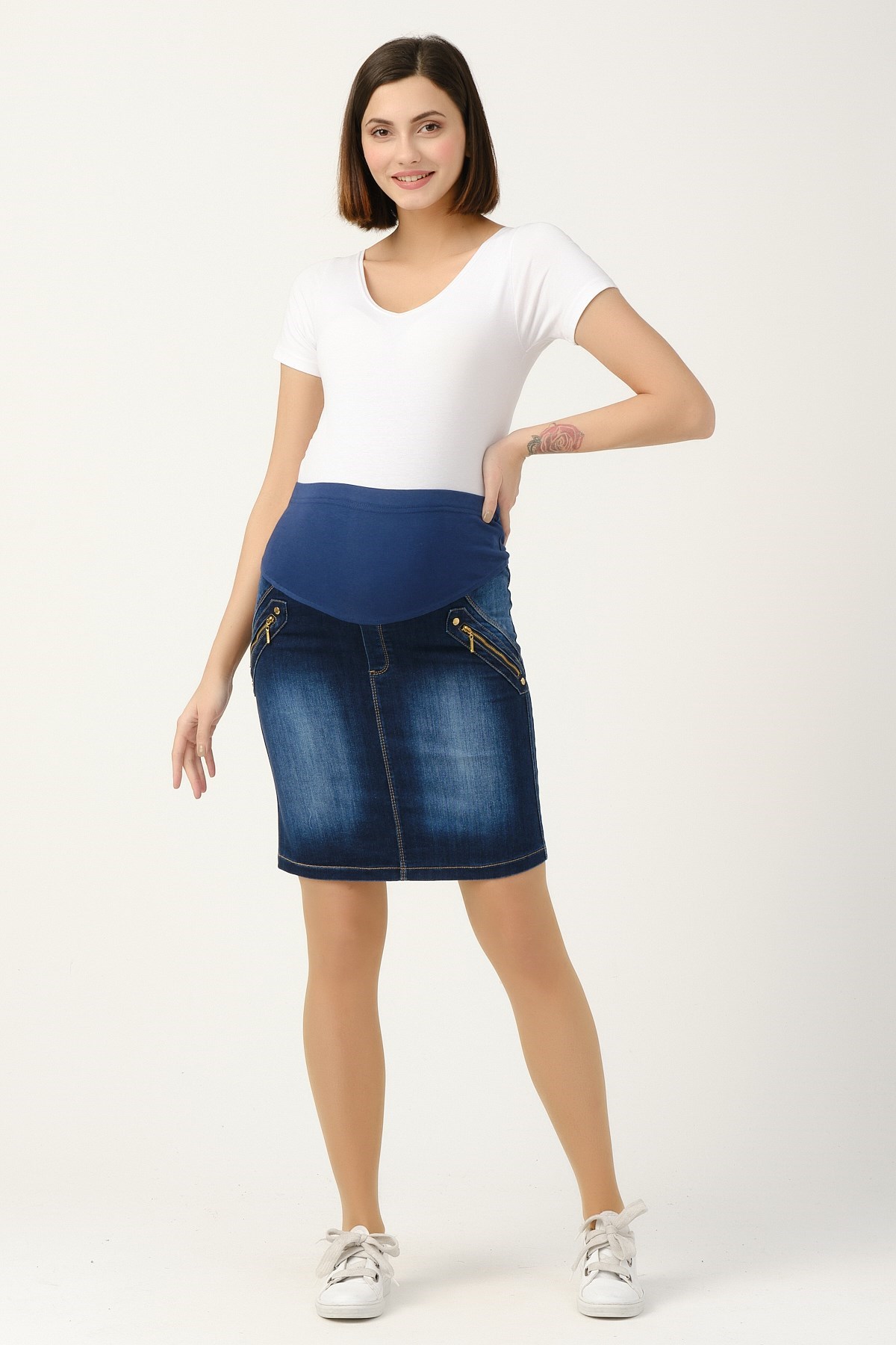 Busa Hamile Fermuar Cepli Kot Etek Mavi