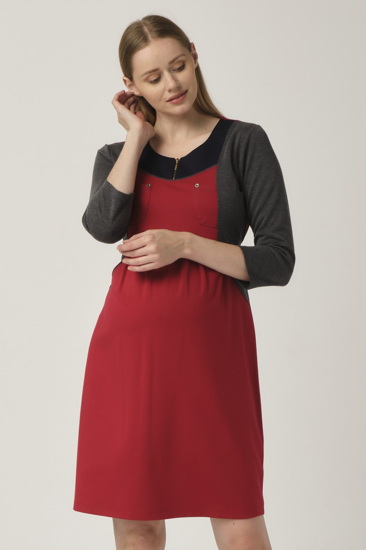 Busa Maternity Casual Dress Zippered Collar Red