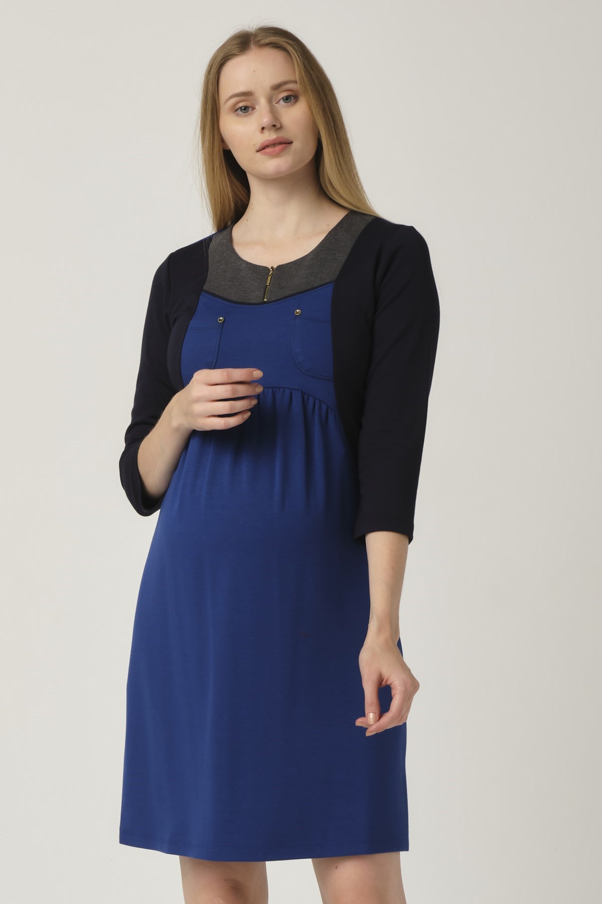 Busa Maternity Casual Dress Zippered Collar sax