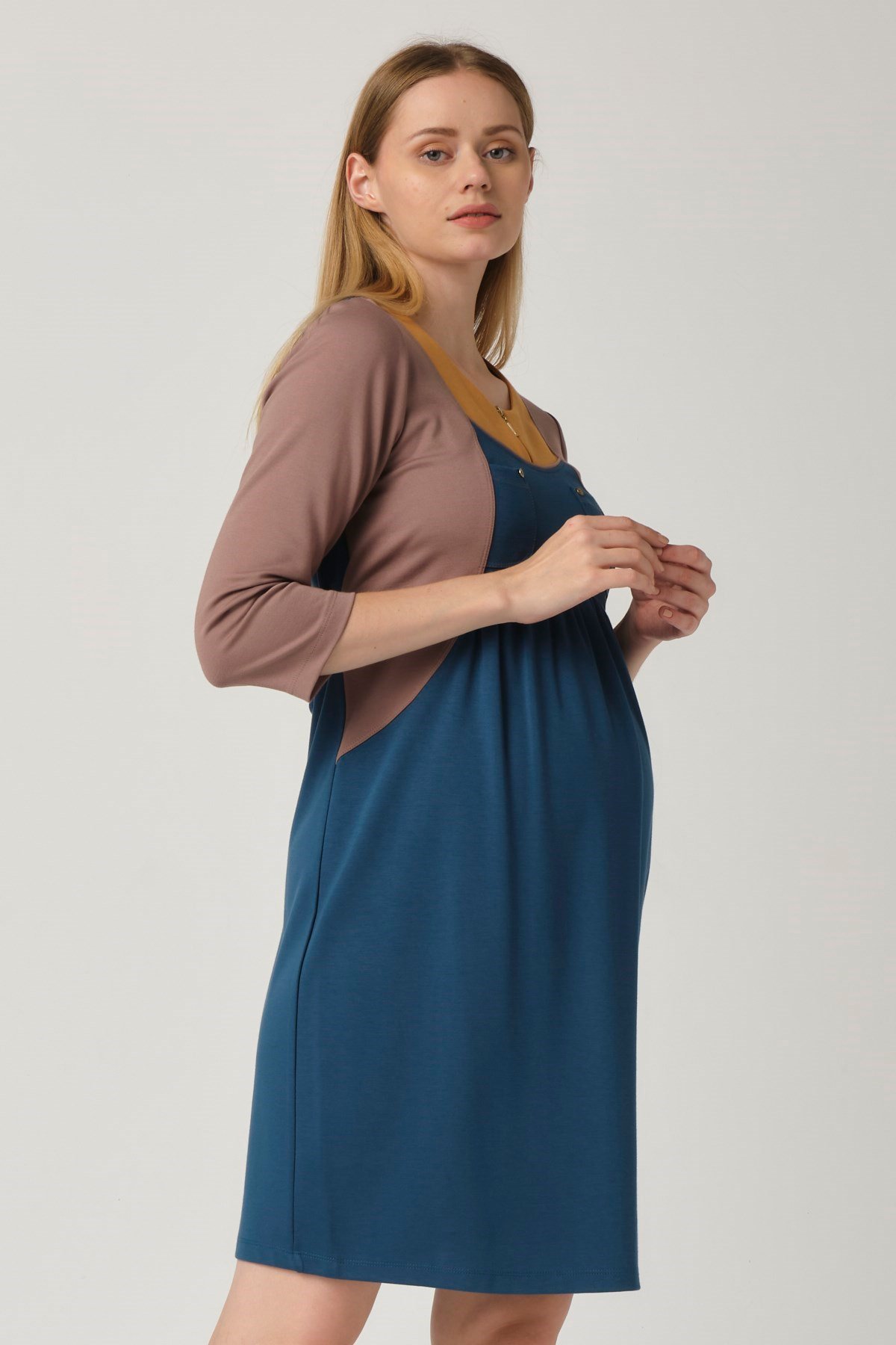 Busa Maternity Casual Dress Zippered Collar Turquoise