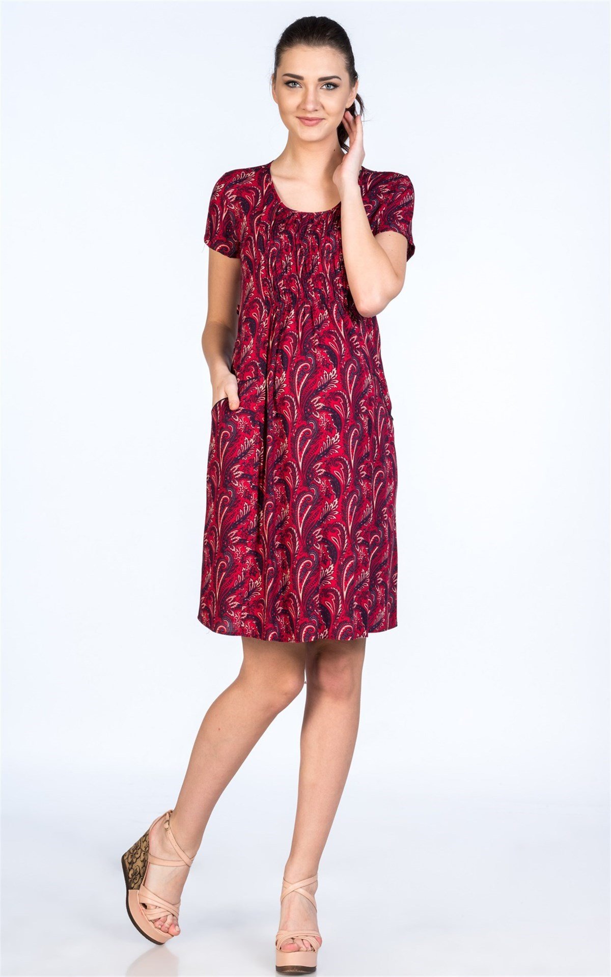 Busa Maternity Casual Dress Mixed Patterned Burgundy
