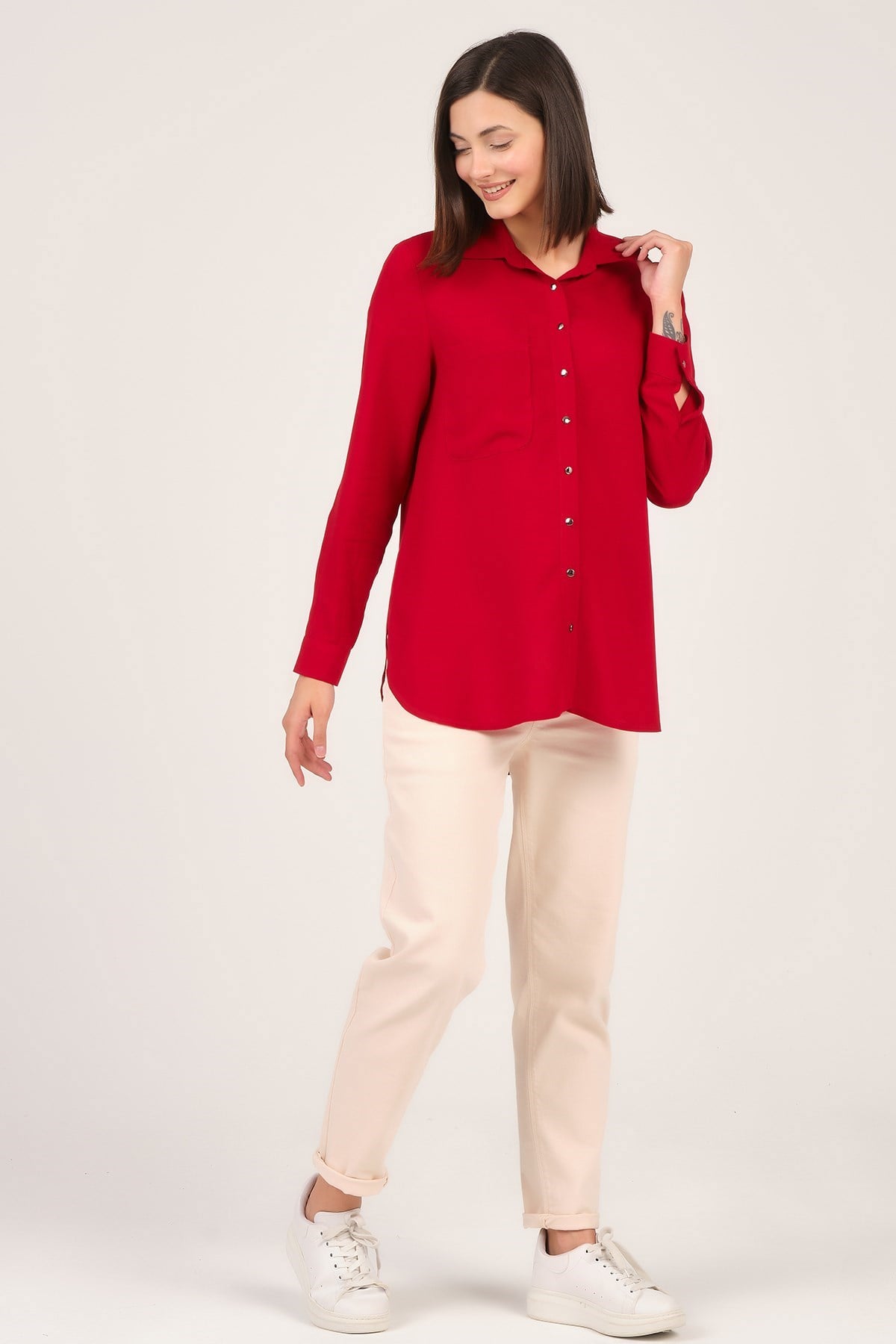 Busa Hamile Katlanabilir Kol Detaylı Gömlek Kırmızı
