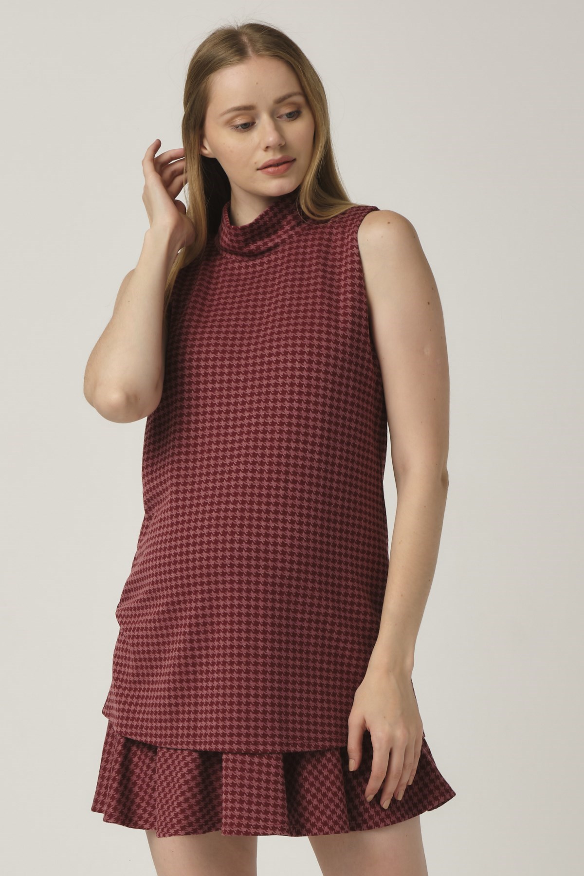 Busa Maternity Crowbar Patterned Turtleneck Casual Dress Burgundy