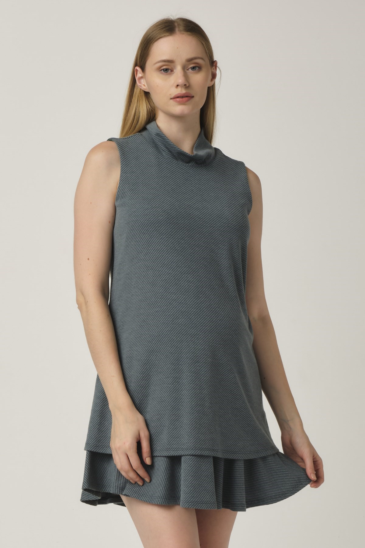 Busa Hamile Kazayağı Desenli Boğazlı Günlük Elbise Yeşil