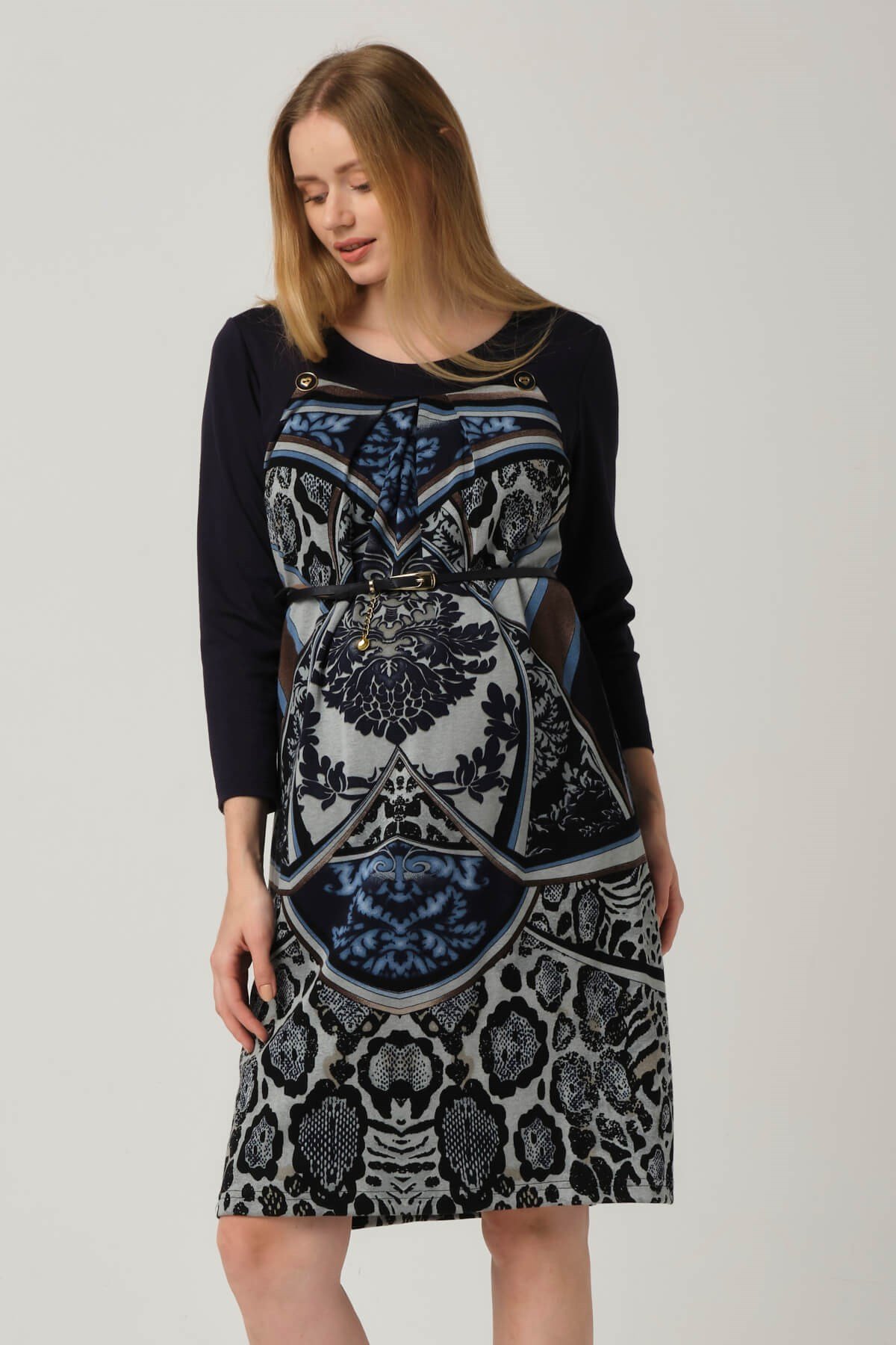 Busa Maternity Waistted Patterned Mini Dress Navy Blue