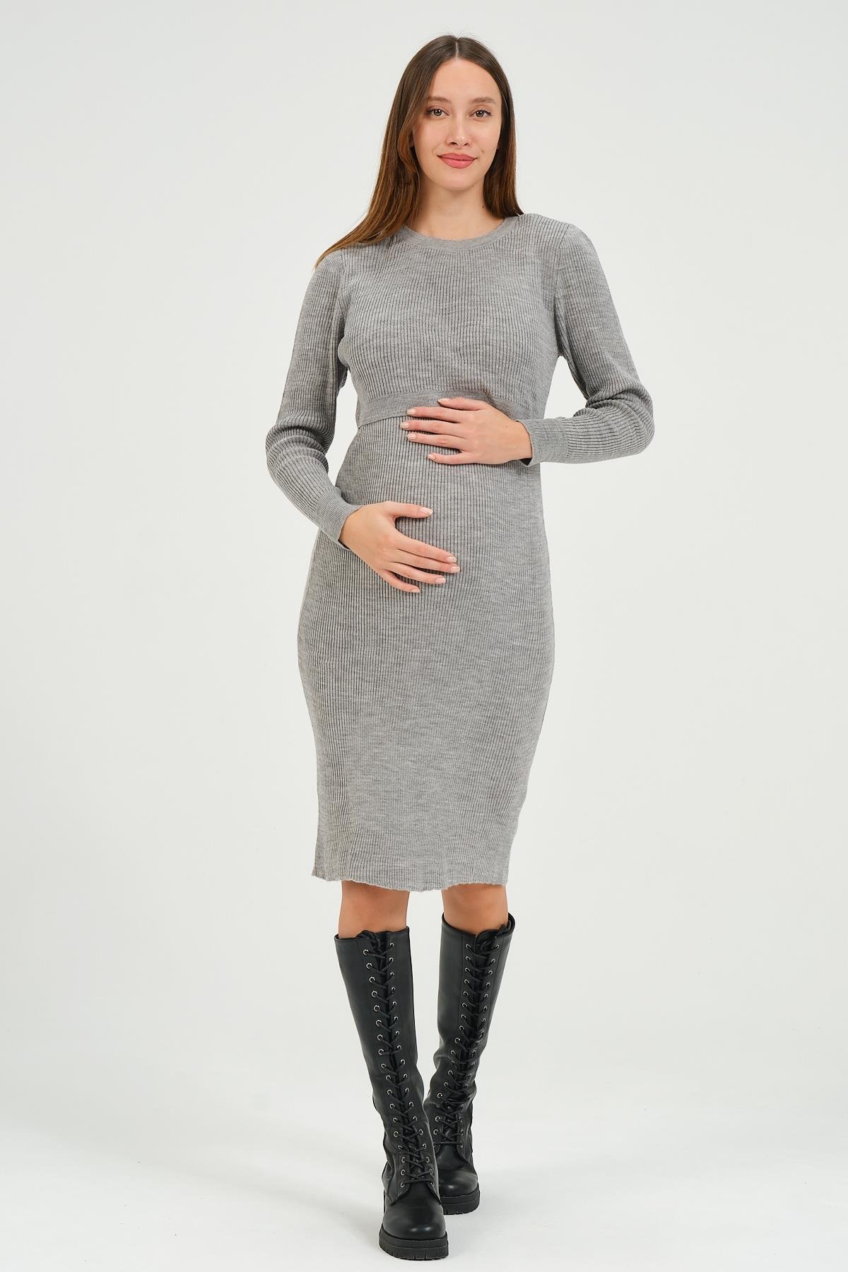 Busa Hamile Midi Boy Emzirme Detaylı Triko Elbise Gri