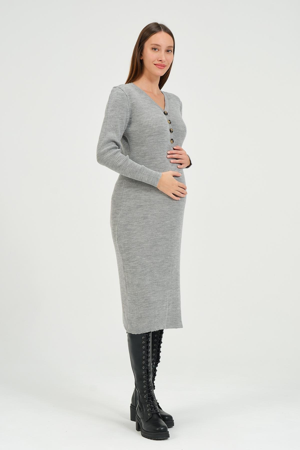 Busa Hamile Midi Boy V Yaka Düğmeli Triko Elbise Gri