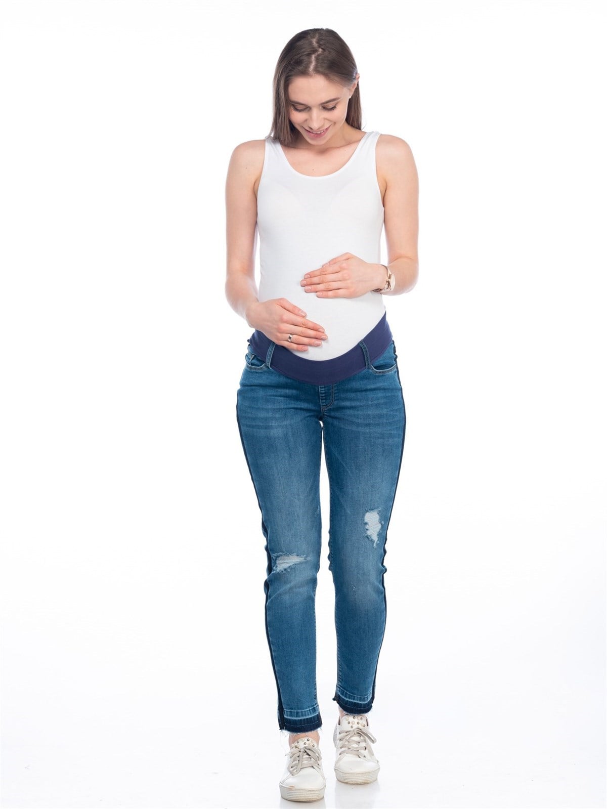 Busa Hamile Mom Fıt Ribanalı Jean Açıkmavi