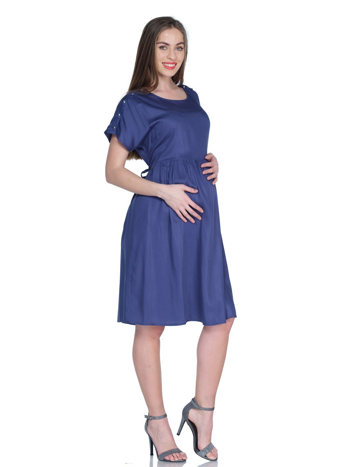 Busa Maternity Shoulder Button Breastfeeding Detailed Dress indigo