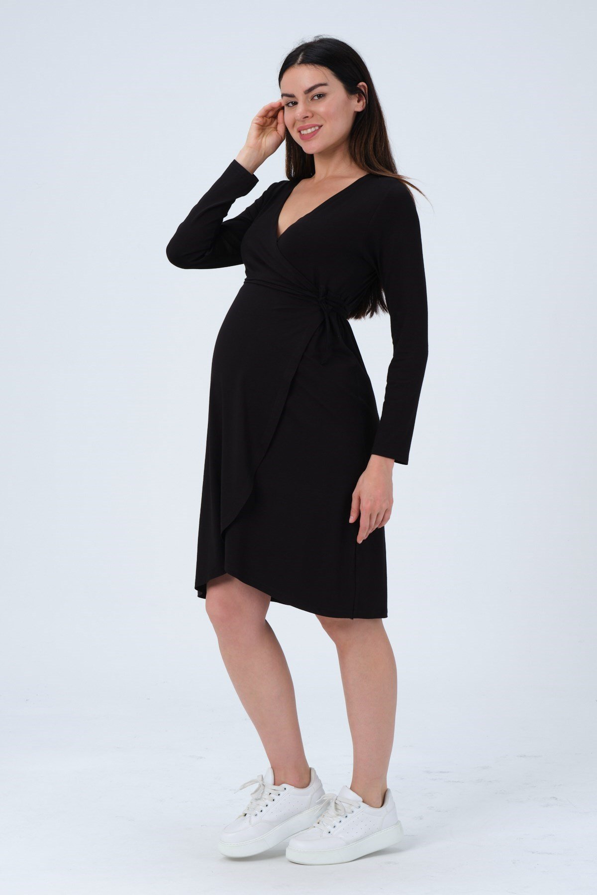 Busa Hamile Önden Bağcıklı Kolay Giyilebilir Uzun Kollu Penye Elbise Siyah  - Lohusa Hamile