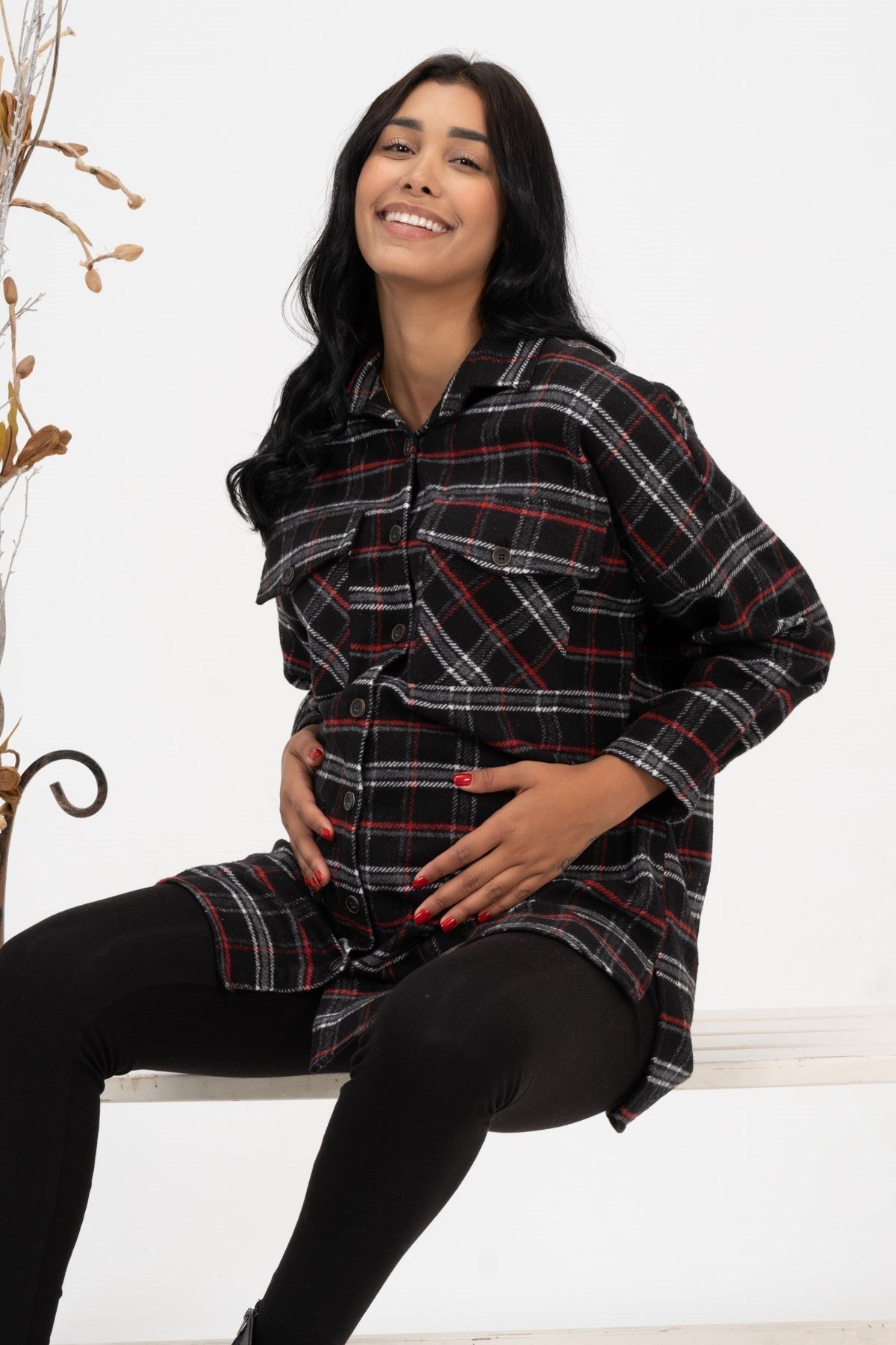 Busa Hamile Önden Cepli Düğmeli Ekose Oduncu Gömlek Siyah