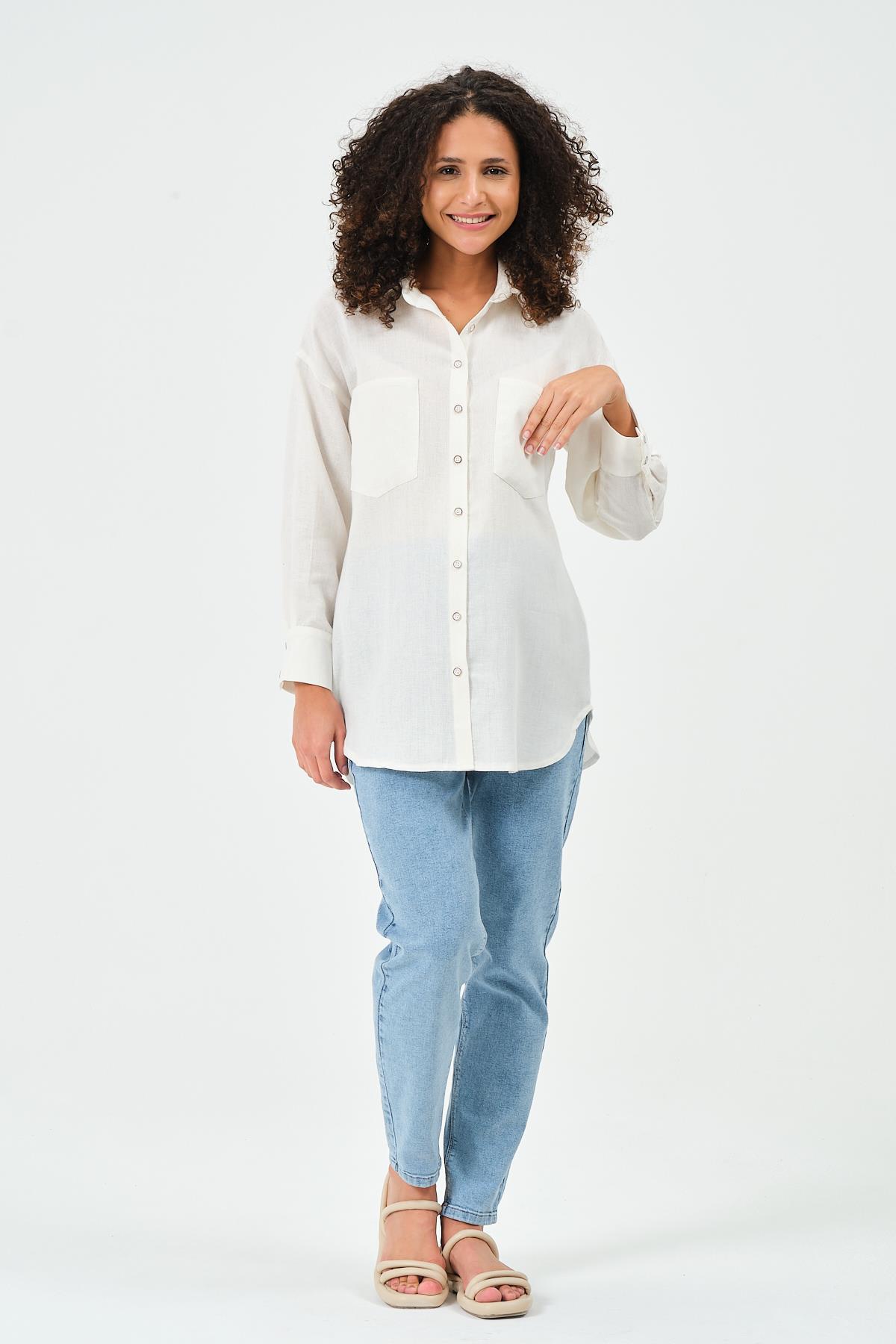 Busa Hamile Önden Cepli Ketek Gömlek Krem