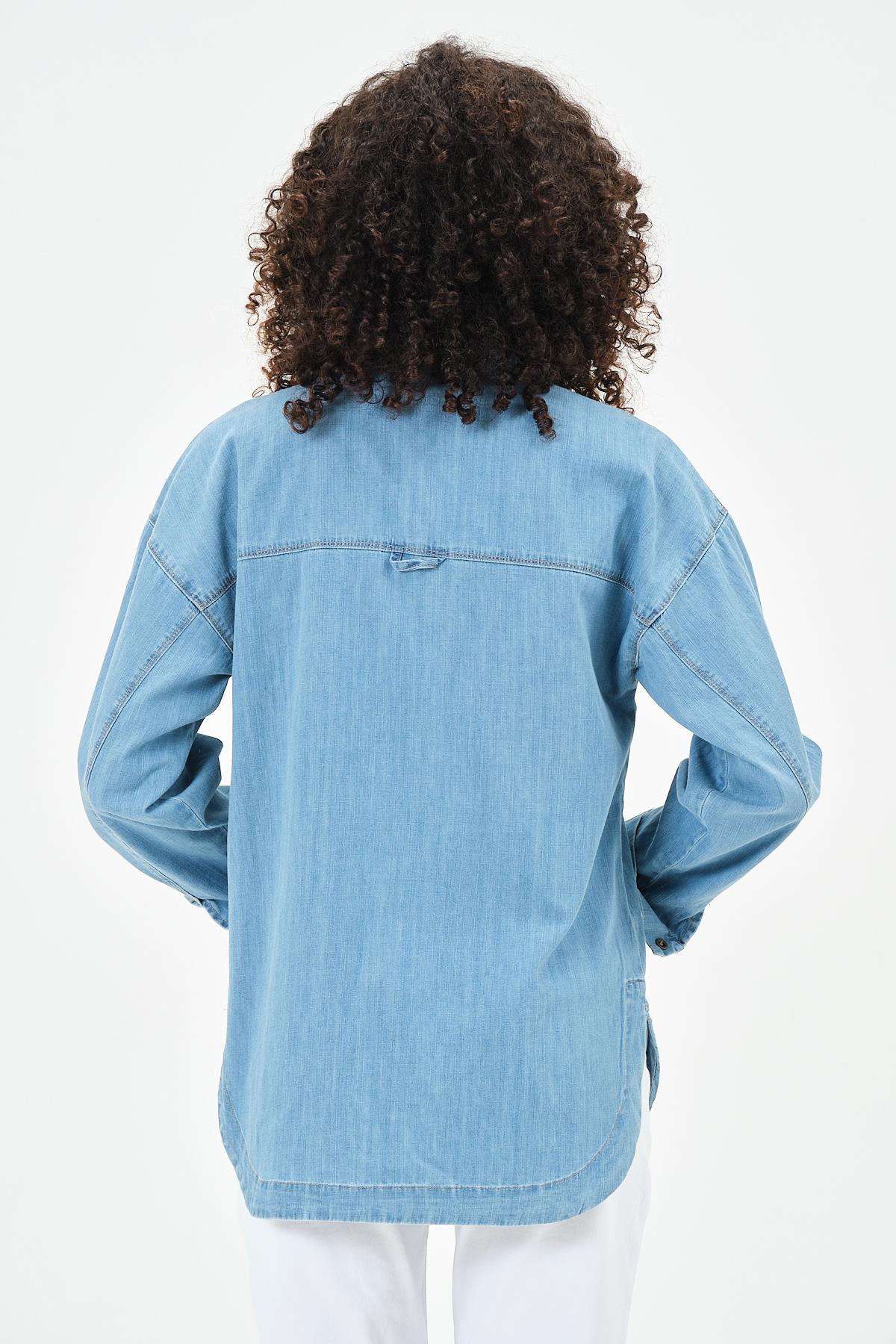 Busa Hamile Önden Cepli Oversize Kot Gömlek Mavi