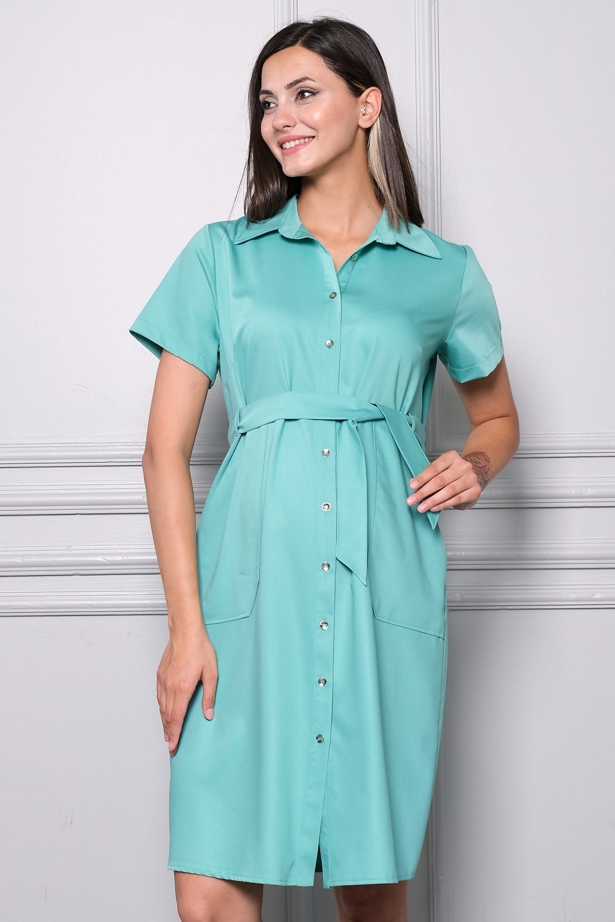 Busa Hamile Önden Düğmeli Cepli Günlük Elbise Mintyeşili
