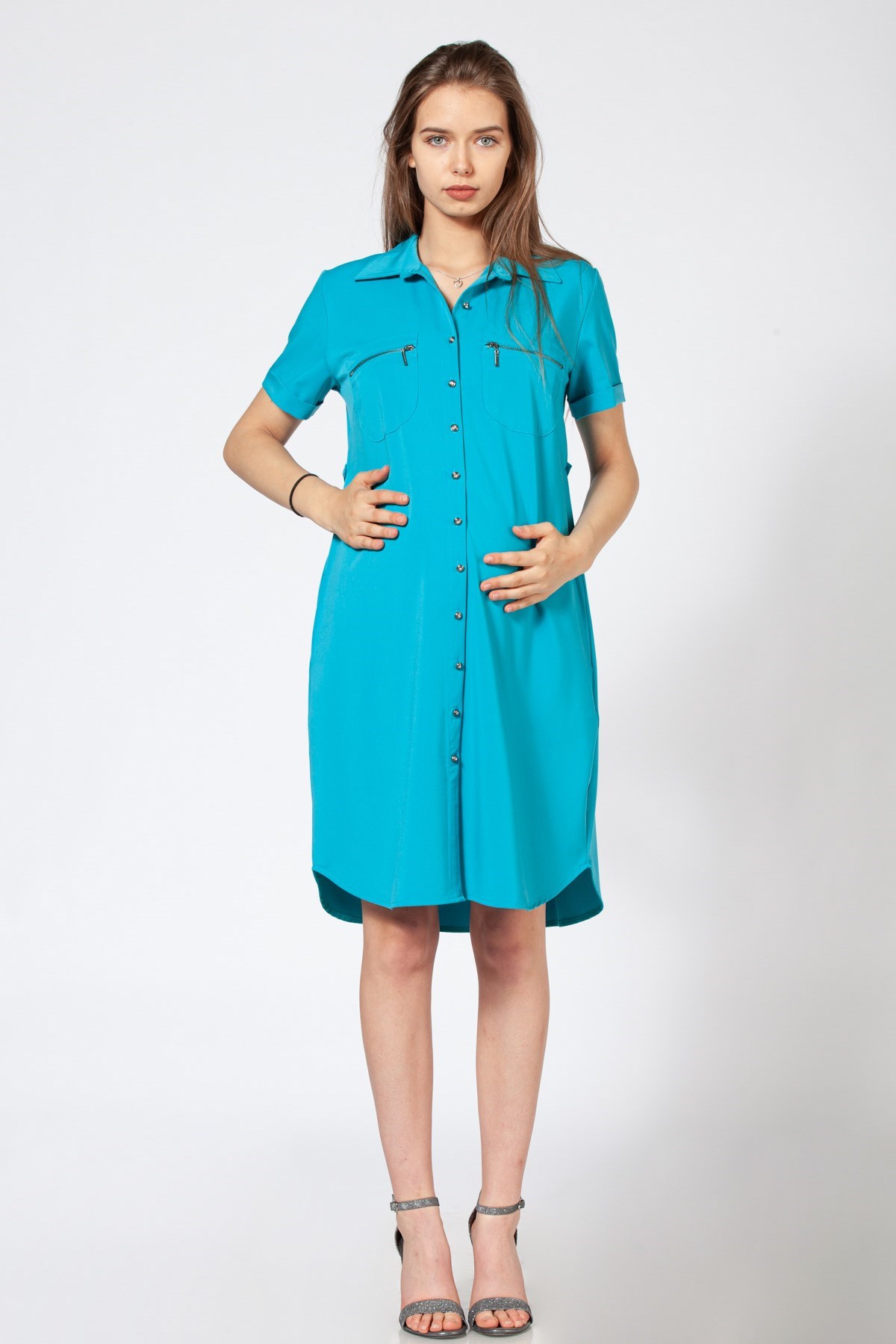 Busa Hamile Önden Düğmeli Elbise Turkuaz