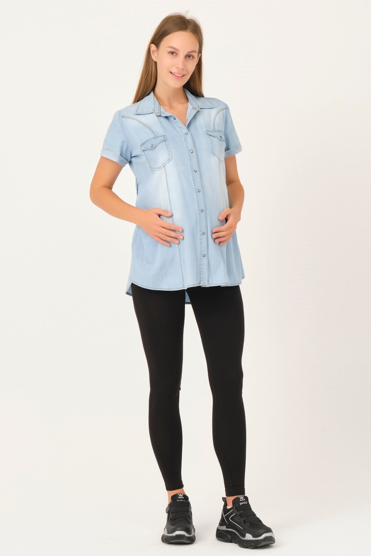 Busa Maternity Front Button jeans Shirt Blue