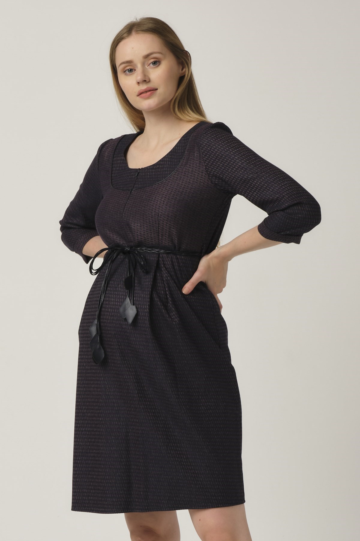 Busa Hamile Önden Fermuarlı Kemerli Elbise Mor