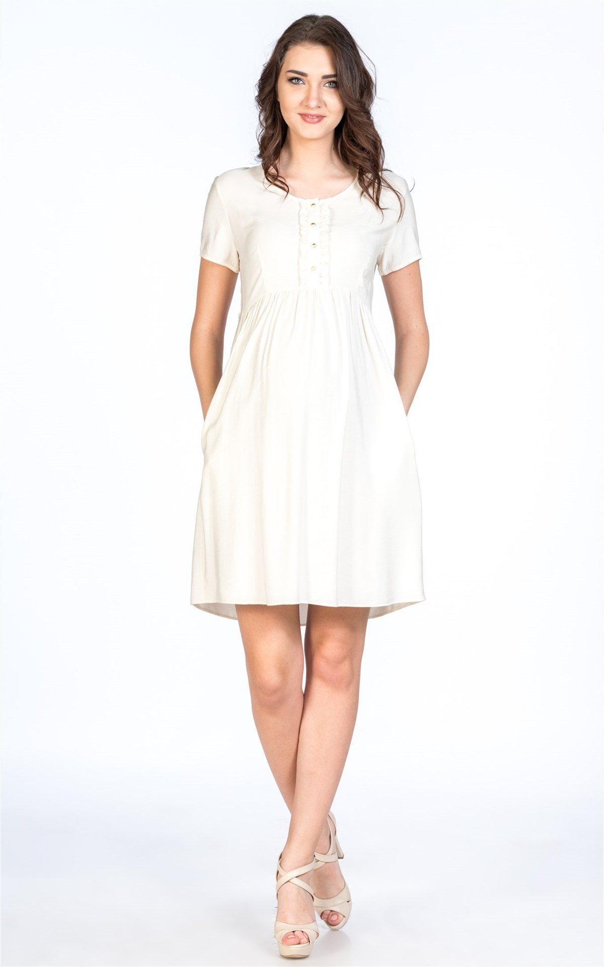 Busa Hamile Önden Fırfırlı Mini Elbise Ekru