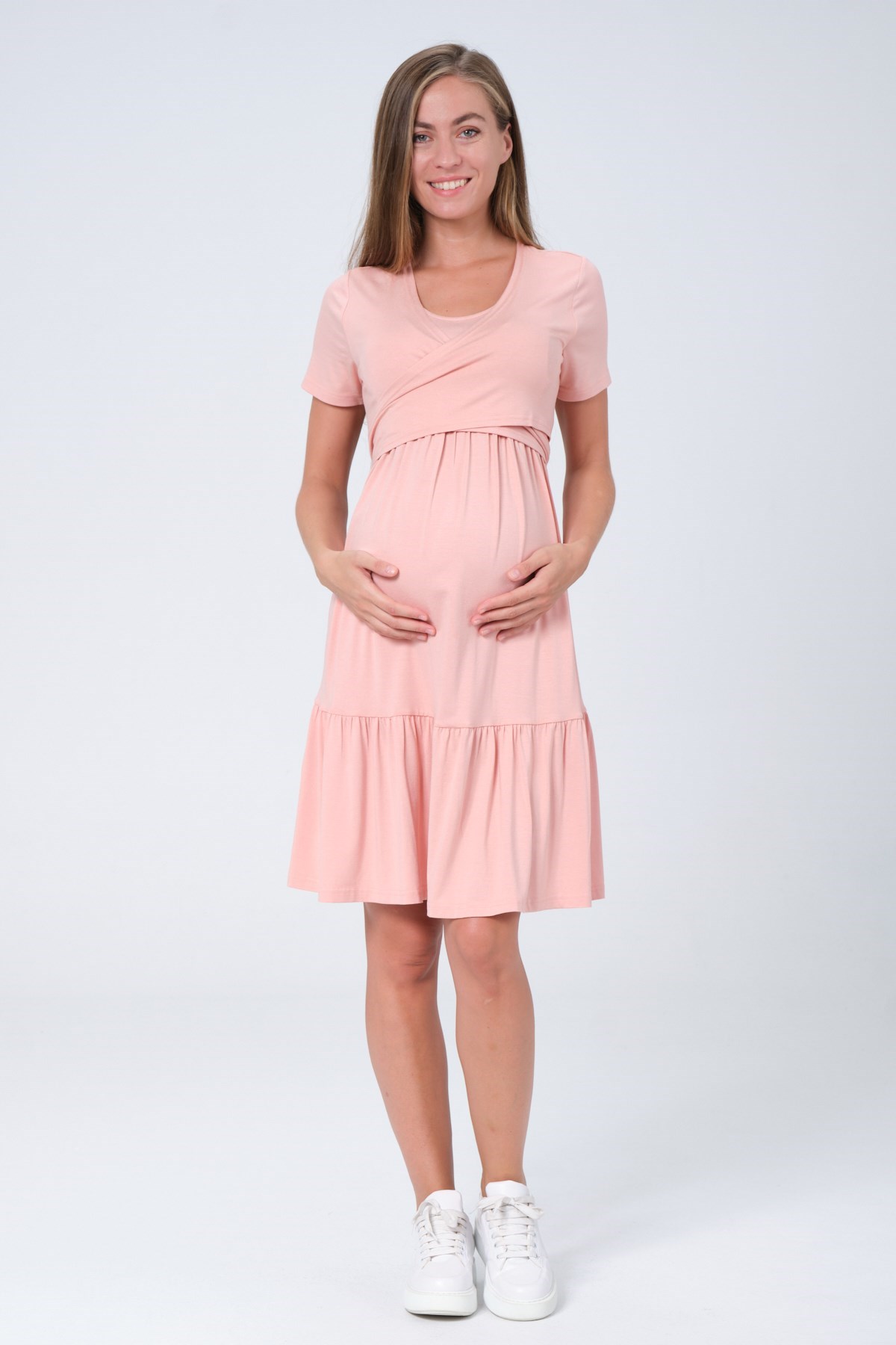 Busa Hamile Önden Kuşaklı Emzirme Detaylı Penye Kısa Kollu Elbise Pudra
