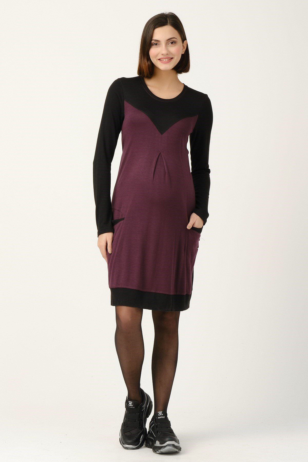 Busa Maternity Knitted with pockets Midi Casual Dress Purple