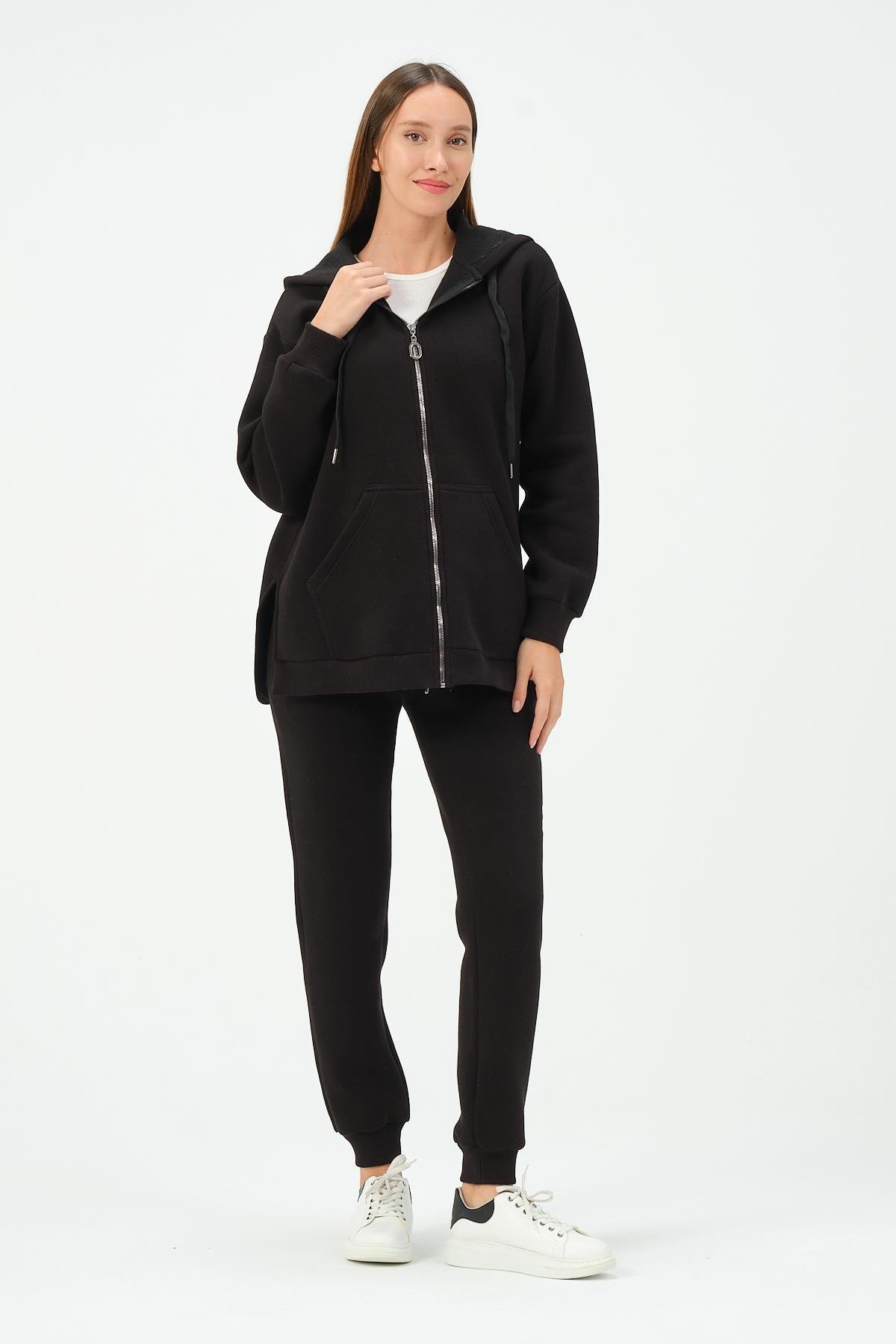 Busa Hamile Termal Fermuarlı Kapüşonlu Eşofman Takım Siyah