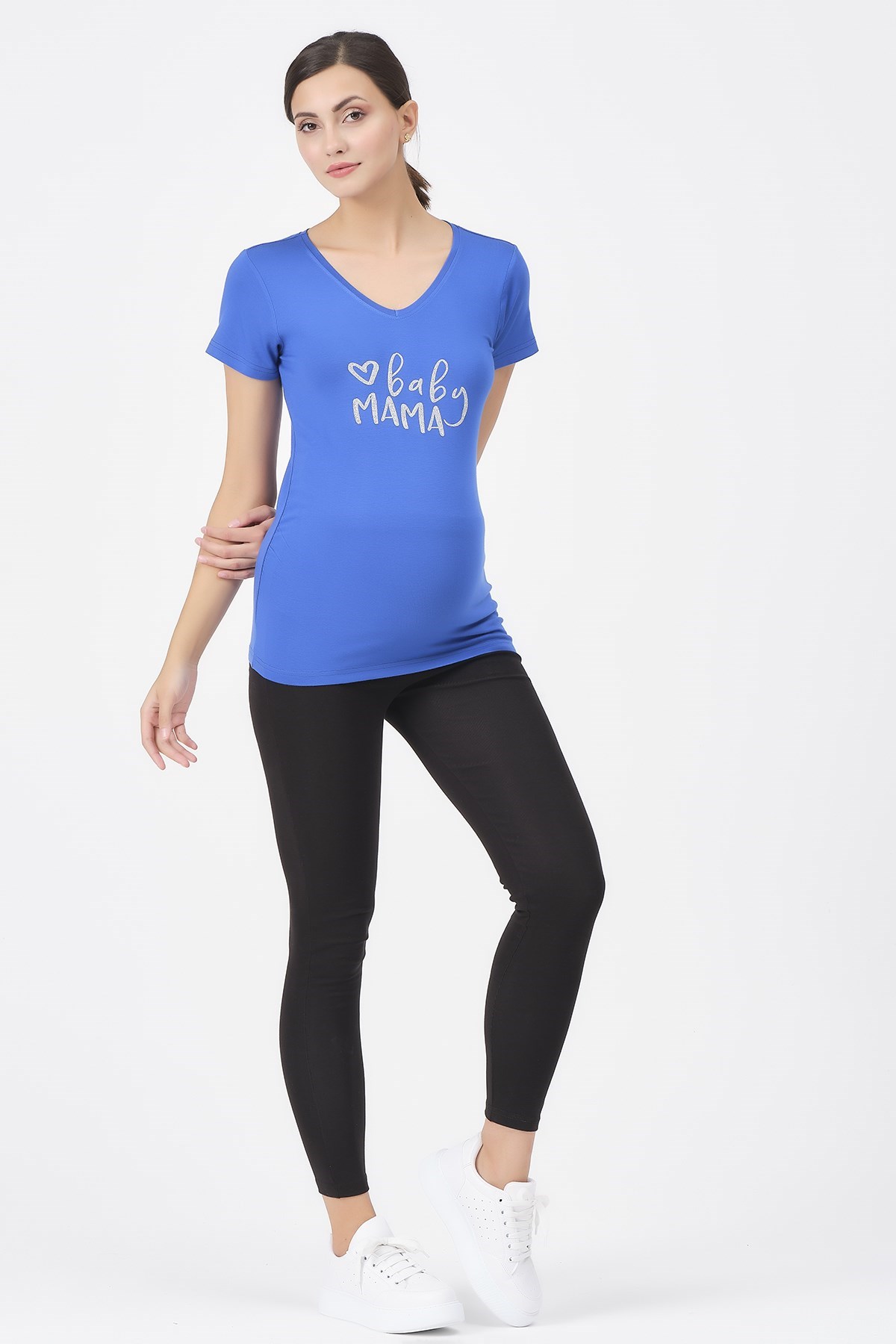 Busa Hamile V Yaka Baby Mama Baskılı Tişört Saks